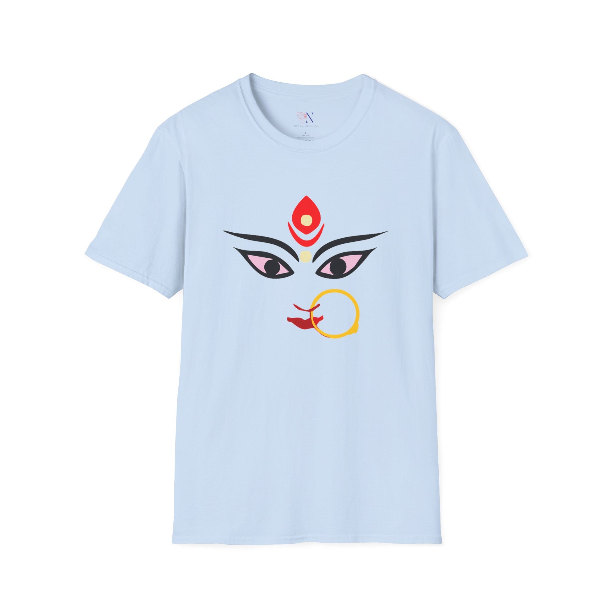 Light blue T-shirt with Durga Ma graphic, perfect gift for Diwali, Navratri, and Durga Pooja for followers of Hindu religion.