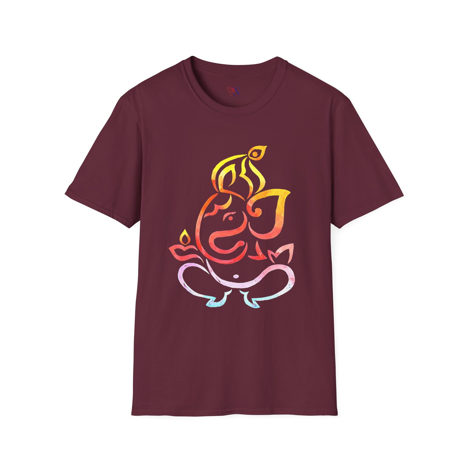 Colorful Ganesha graphic T-shirt with vibrant design on maroon fabric, ideal for casual wear and gifting.