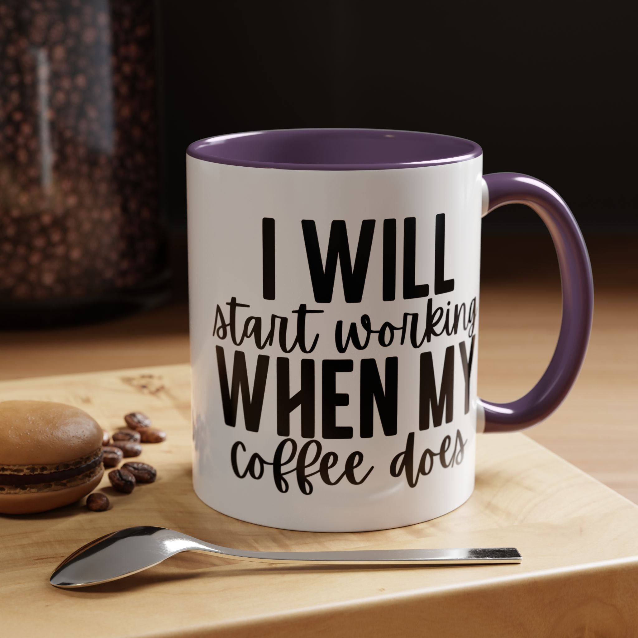 Funny Coffee Mug, Personalized Mug, I Will Start Working When My Coffee Does Accent Cup (11, 15oz), Gift Under 20, White Elephant
