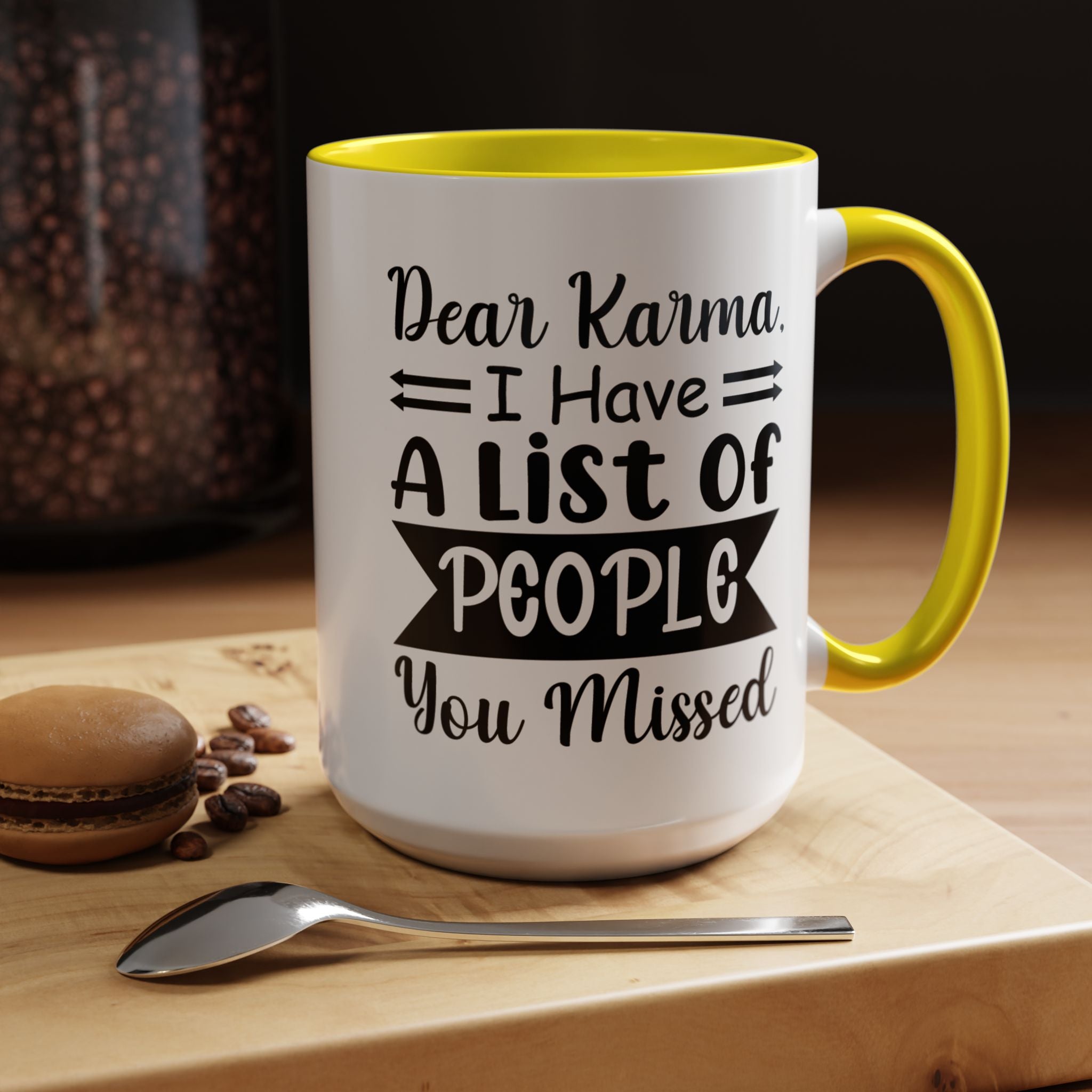 Funny Coffee Mug, Personalized Mug, Dear Karma I have a list of people you missed Accent Cup (11, 15oz), Gift Under 20, White Elephant gift