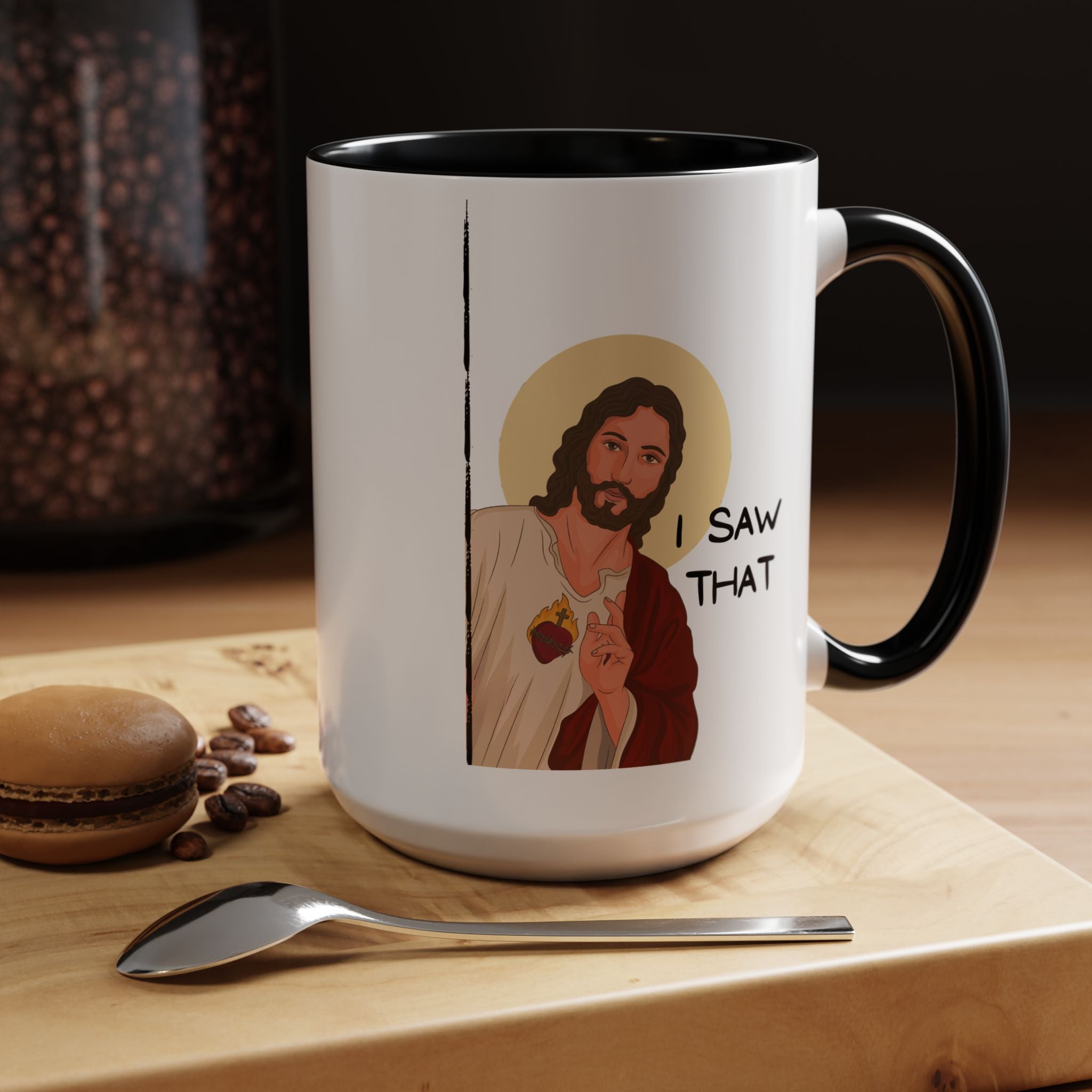 Peeking Jesus, I saw That Funny Coffee Mug, Personalized Mug, Accent Cup (11, 15oz), Gift Under 20, Gift for Atheist, faith based cup