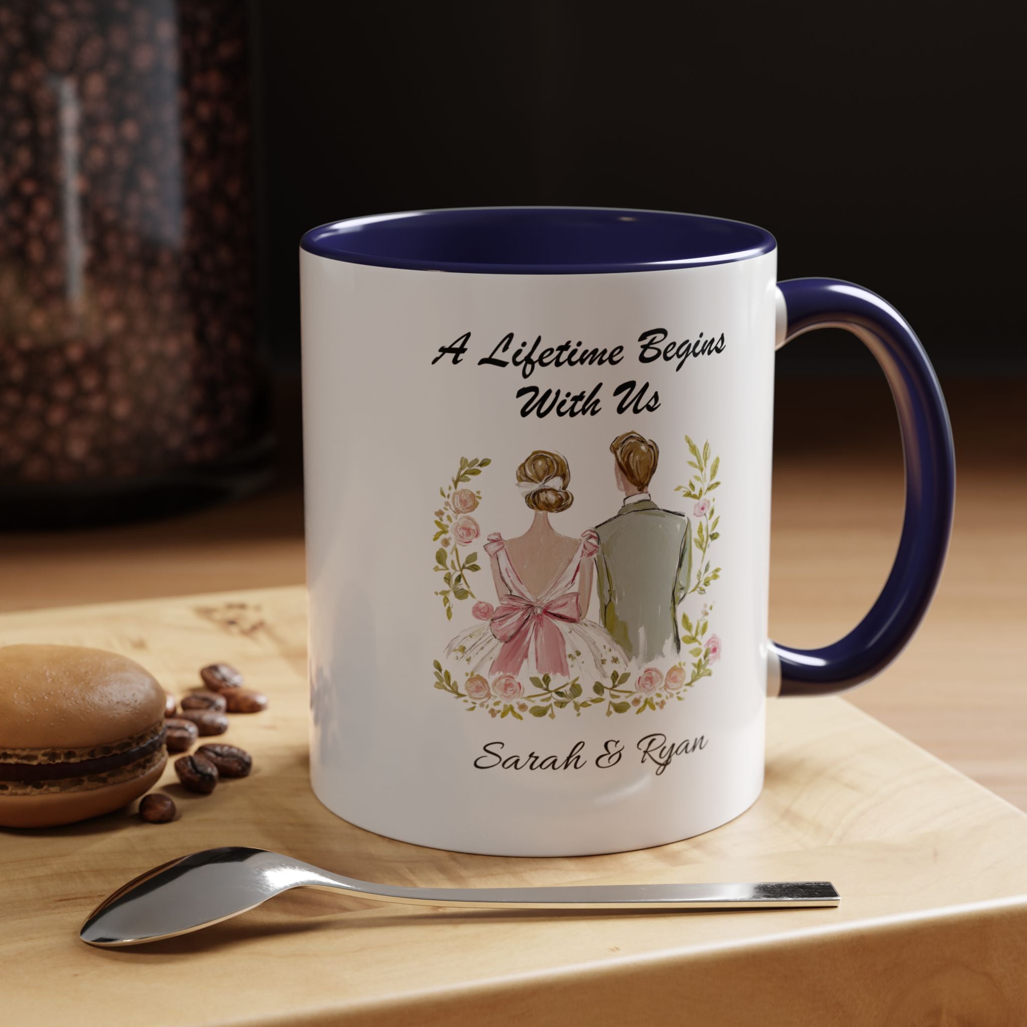 Bride and Groom Illustration A Lifetime Begins With Us Mug Lifestyle Mockup | Nutty Designs