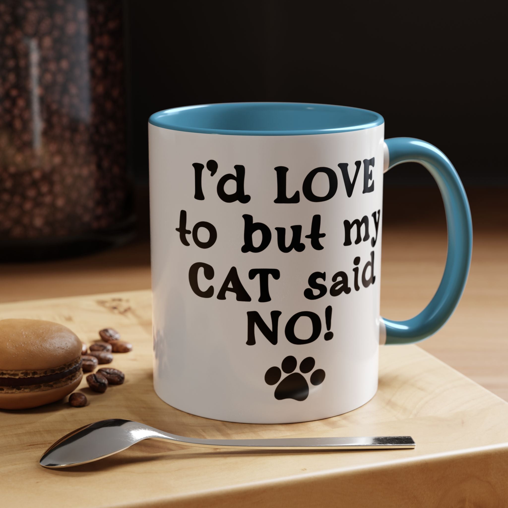 Funny Coffee Mug, Personalized Mug, I 'd Love To But My Cat Said No! Accent Cup (11, 15oz), Gift Under 20, White Elephant