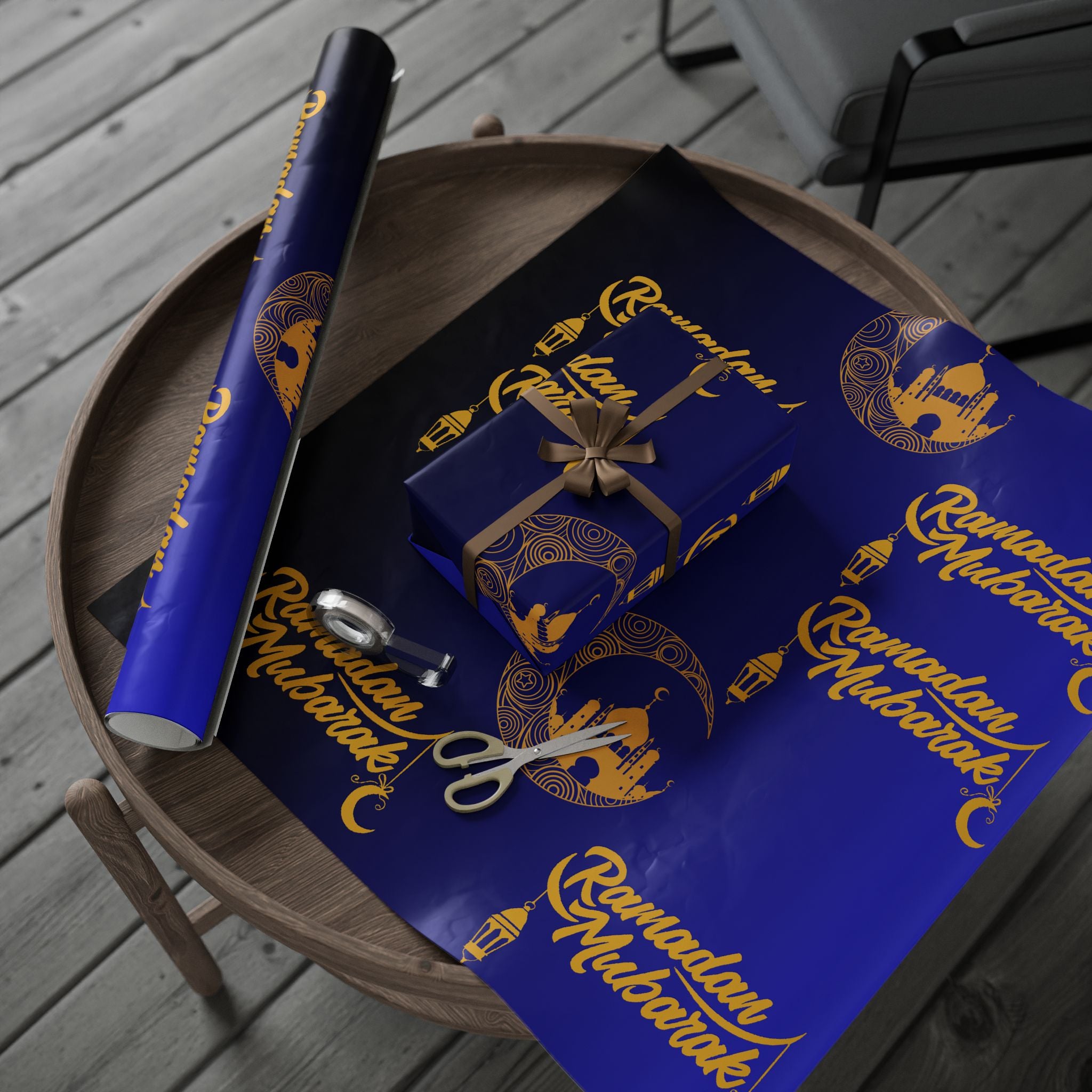 Ramadan Mubarak Wrapping Paper - Islamic Gift Wrap With Night Sky, Mosque, Golden Crescent Moon, and lanterns