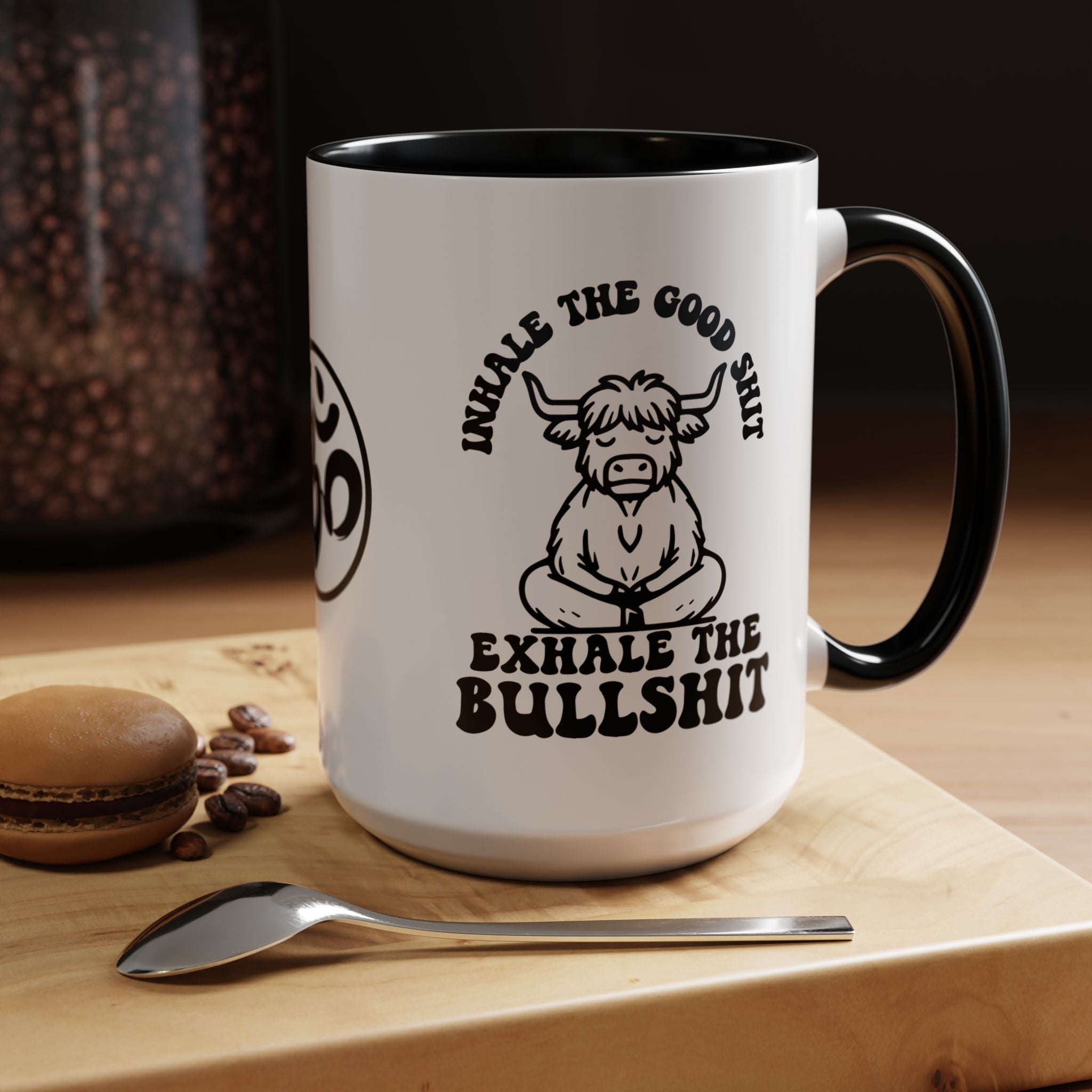 Inhale the Good Shit Exhale The Bullshit Cute Cow Chanting Om Accent Coffee Mug (11, 15oz)