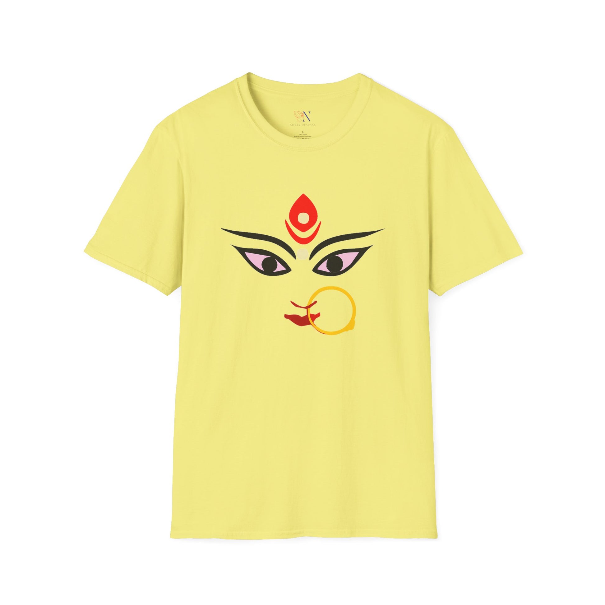 Yellow graphic T-shirt featuring Durga Goddess design, perfect Diwali, Navratri, Durga Pooja gift for Hindu religion followers.