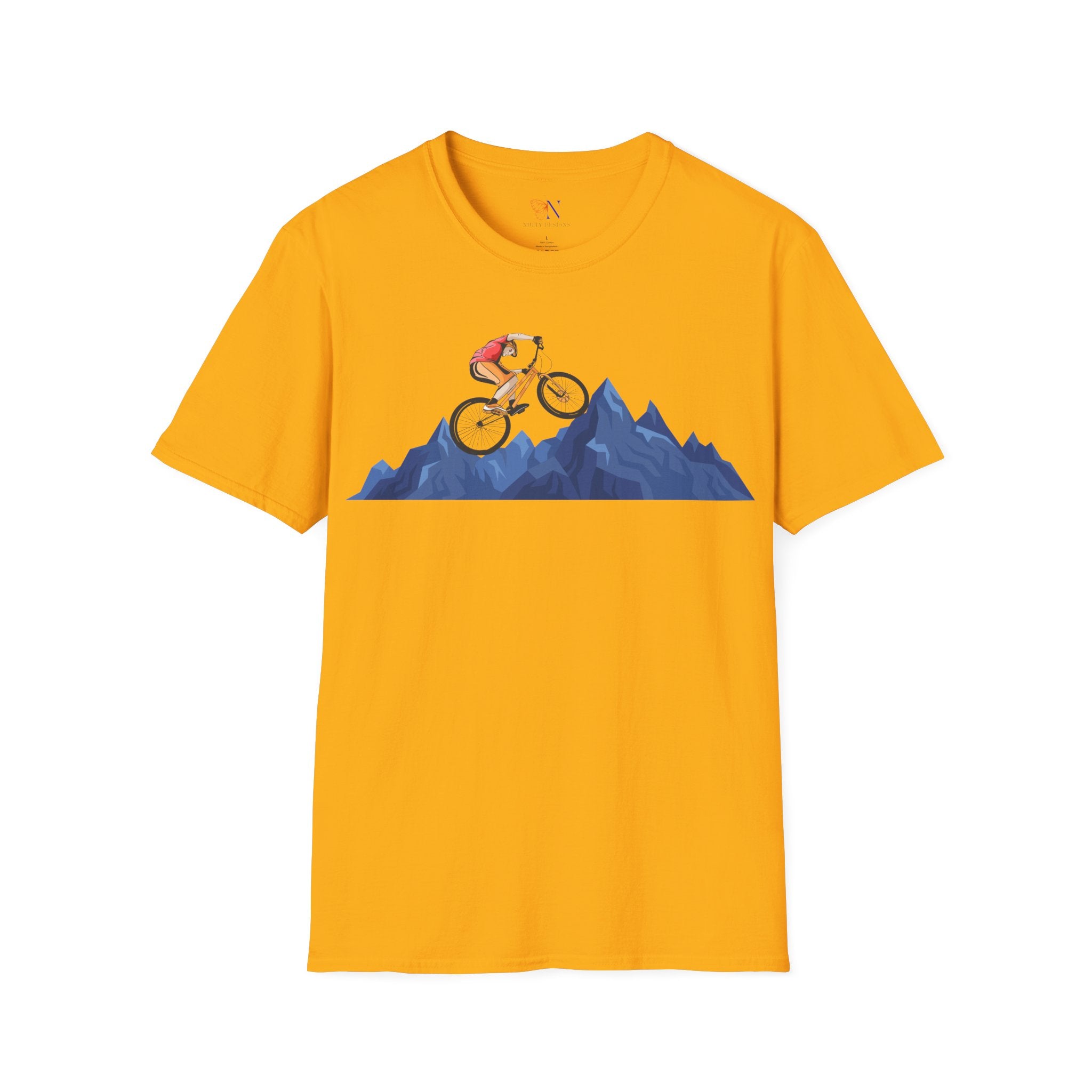 Mountain biking retro t-shirt with cyclist graphic on yellow background