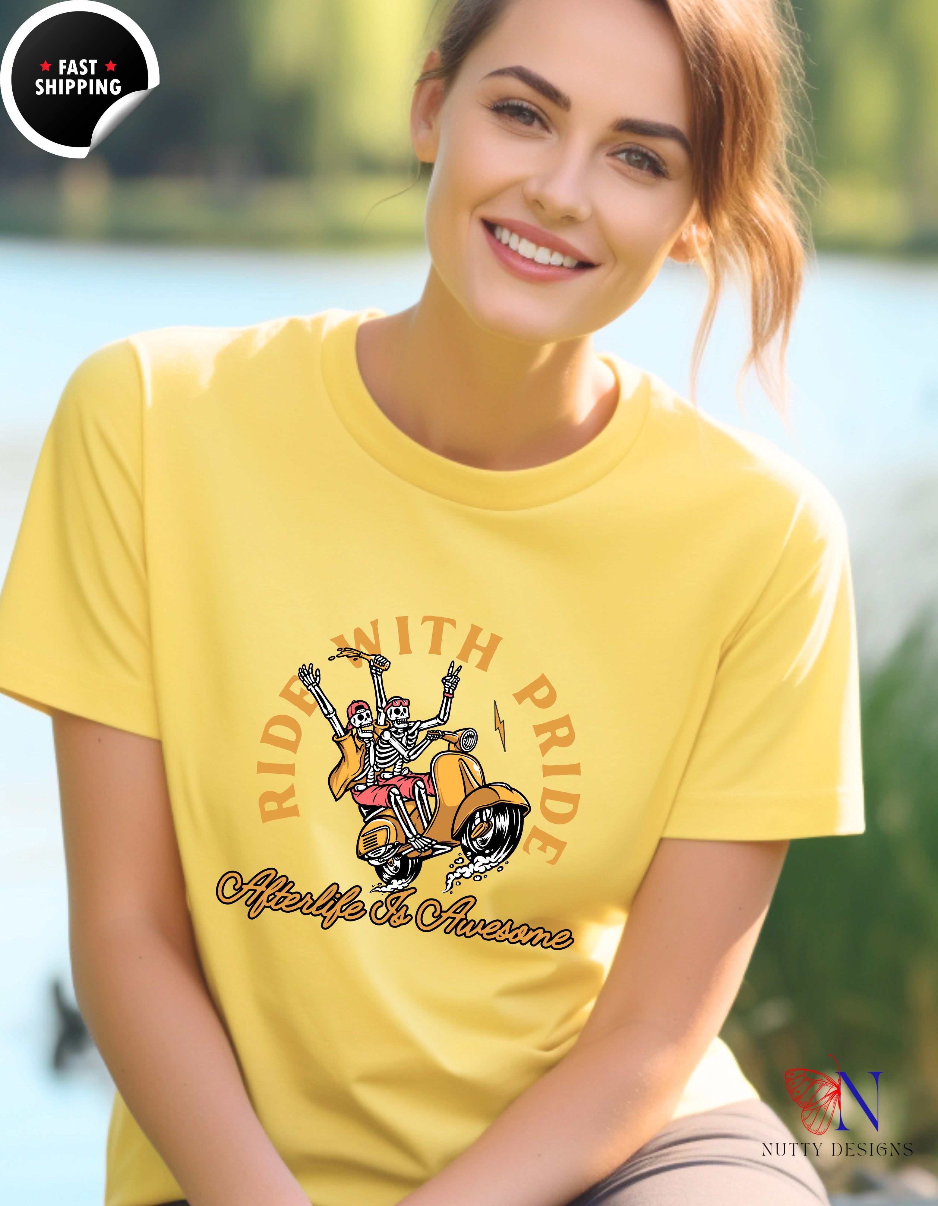 Ride With Pride Happy Skeletons T-Shirt Lifestyle Mockup | Nutty Designs