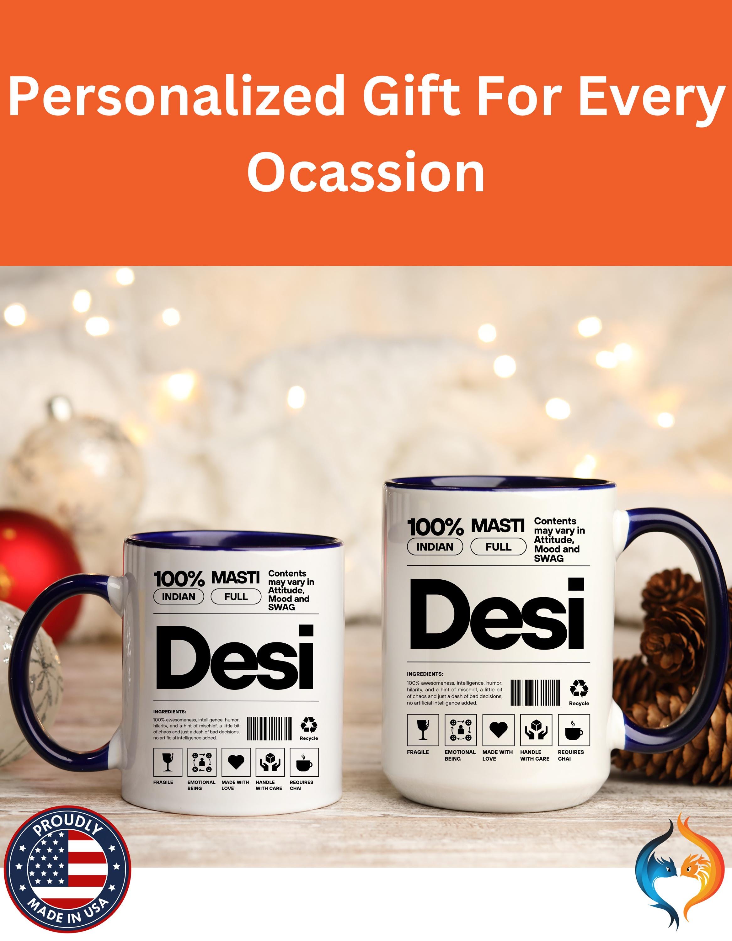 Funny Coffee Mug, Personalized Mug, Desi Roots Indian Accent Chai Cup (11/15oz), Gift Under 20, white elephant, brown humor