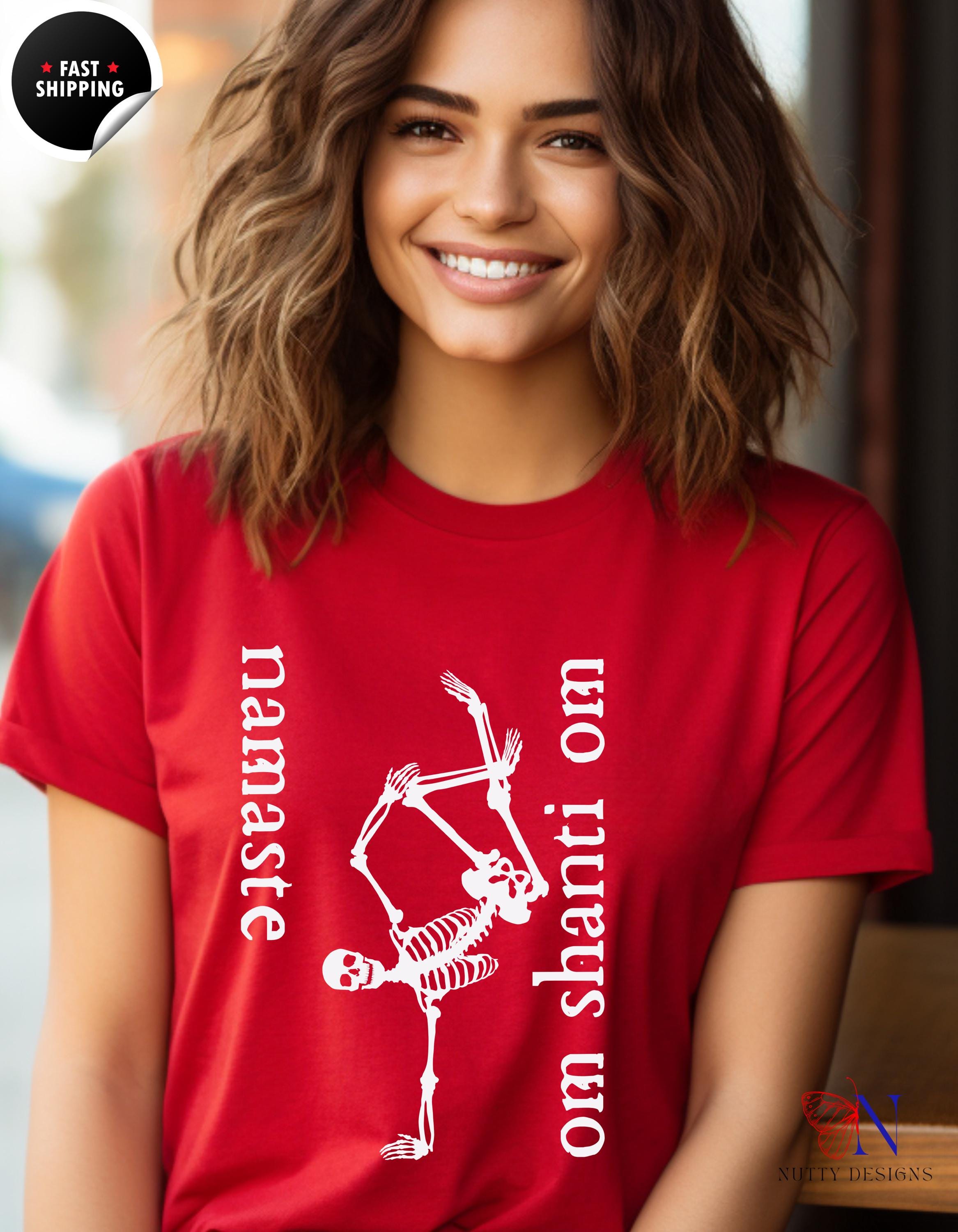 Namaste Om Shanti Om Skeleton T-Shirt | Funny Yoga Tee for Men and Women | Gift for Meditation Lovers & Skeleton Fans