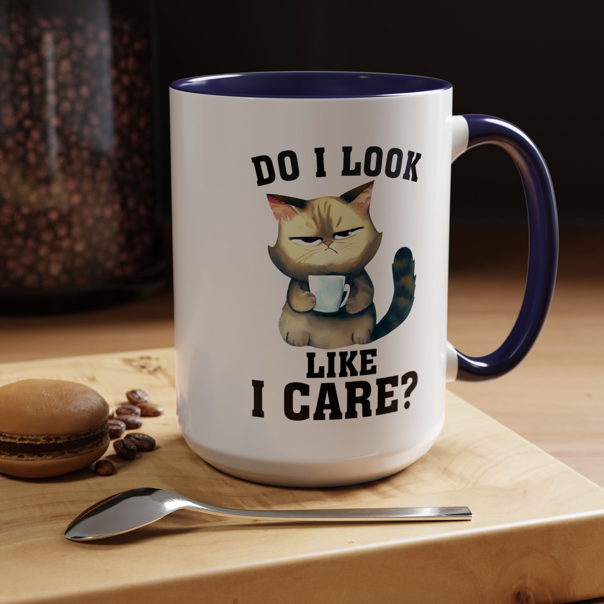 Funny Coffee Mug, Personalized Mug, Grumpy Cat DO I Look Like I Care Accent Cup (11, 15oz), Gift Under 20, White Elephant gift