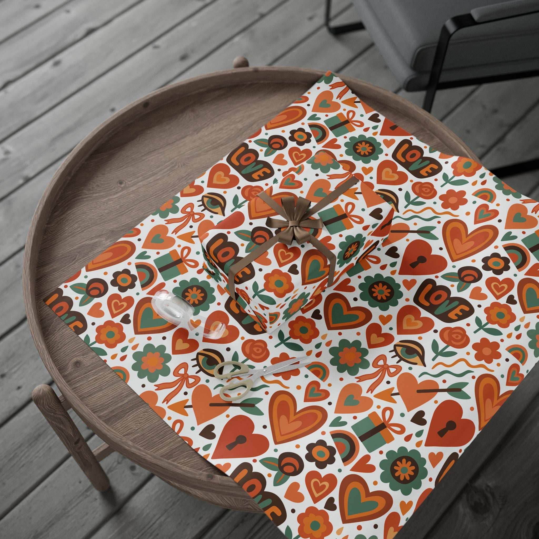 Retro Valentines Pattern Wrapping Paper | Orange Green Heart Motif