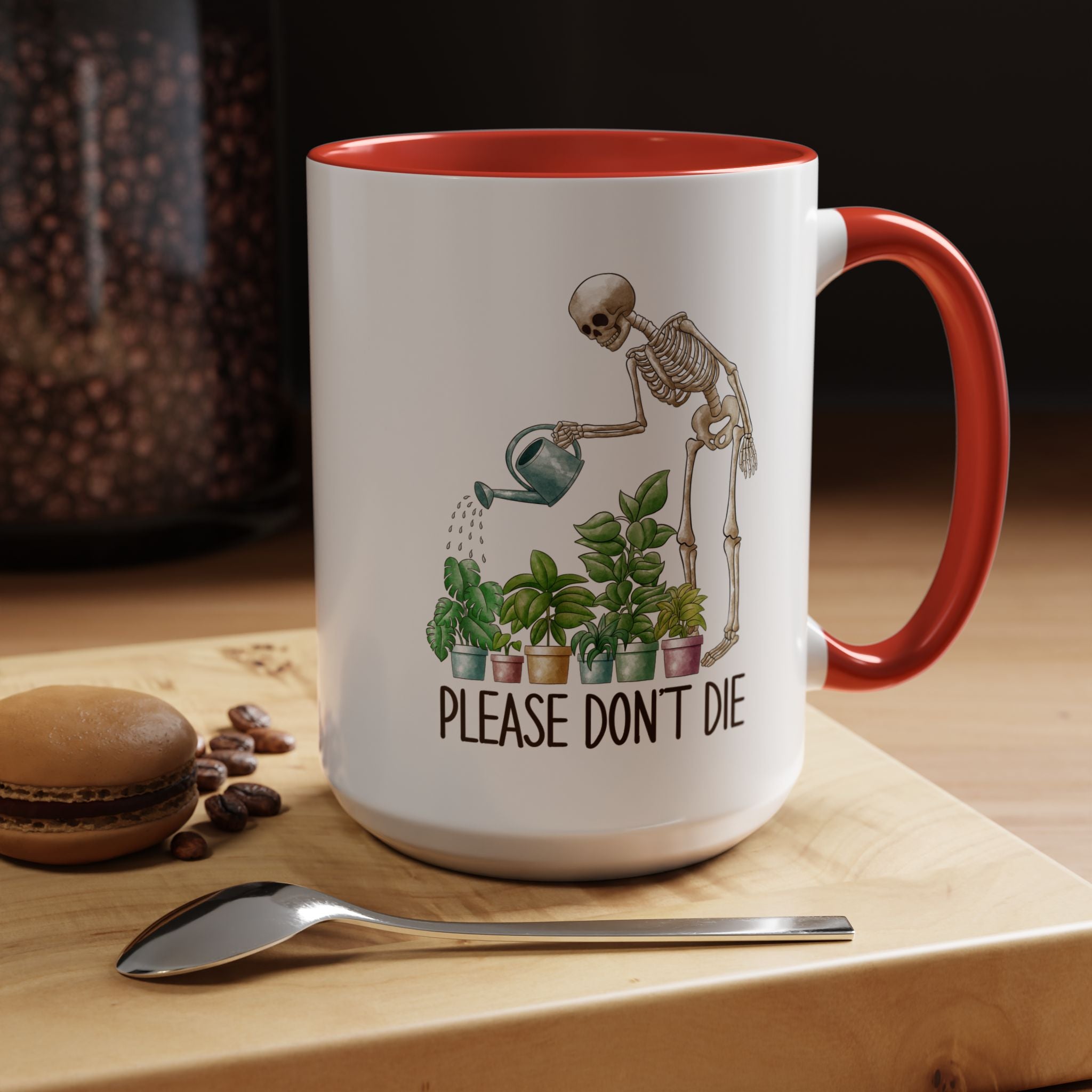Funny Coffee Mug, Personalized Mug, Skeleton Watering Plants Saying Please Don't Die,  Accent Cup (11, 15oz), Gift Under 20, White Elephant