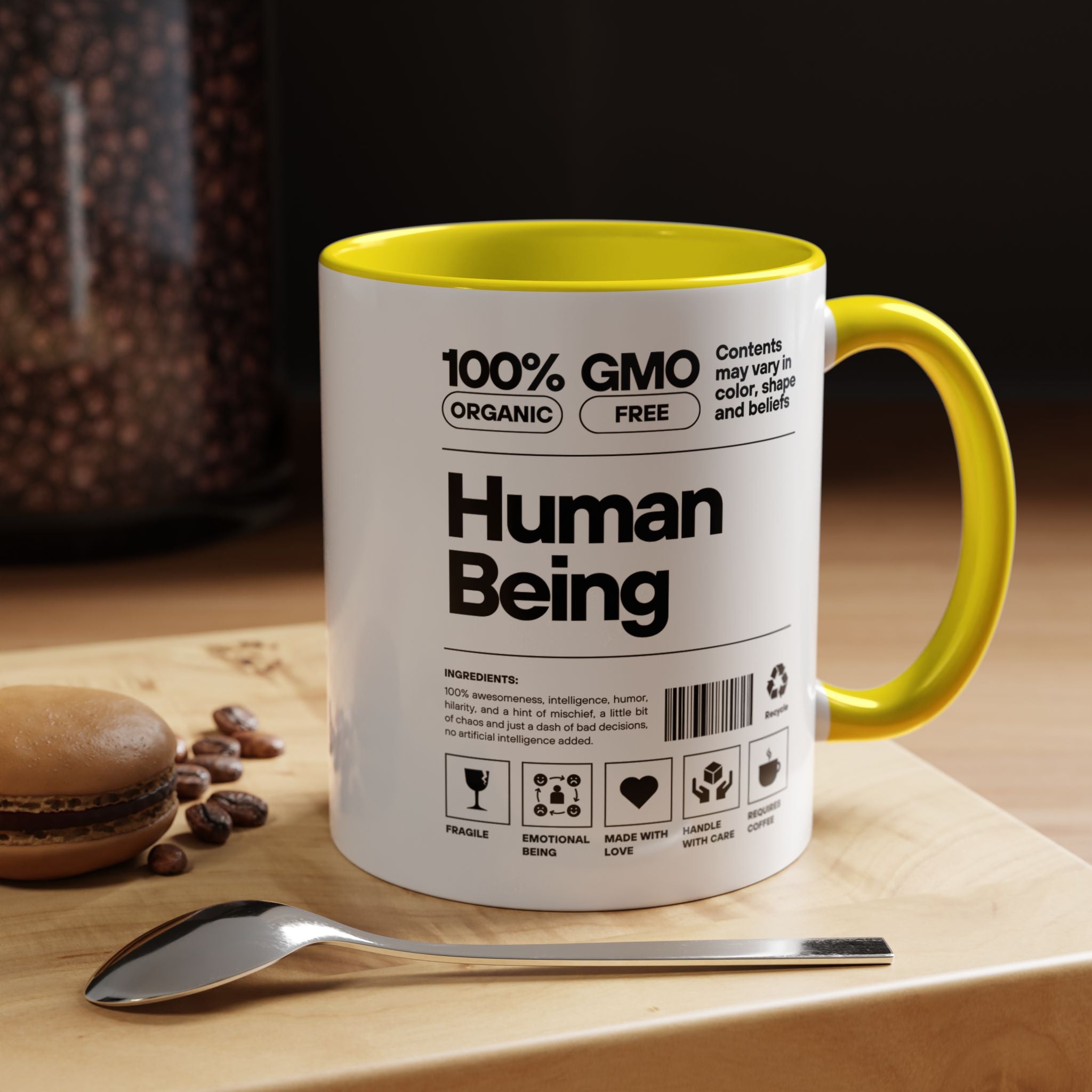 Funny Coffee Mug, Personalized Mug, Human Being Nutrition Facts Accent Cup (11, 15oz), Gift Under 20, White Elephant gift