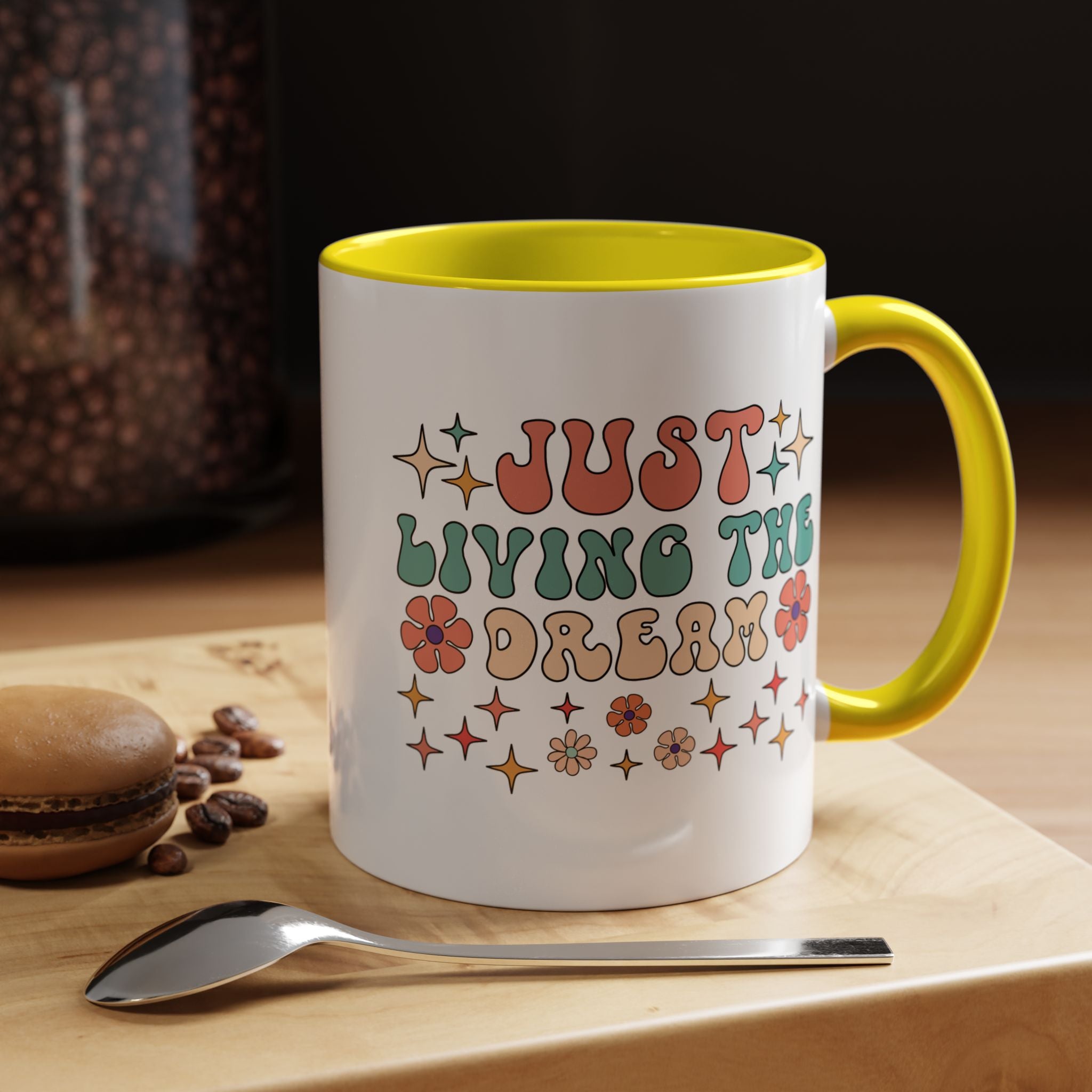 Personalized Mug, Just Living The Dream Accent Cup (11, 15oz), Gift Under 20, White Elephant, Positivity Motivational Mug, Happy Vibes