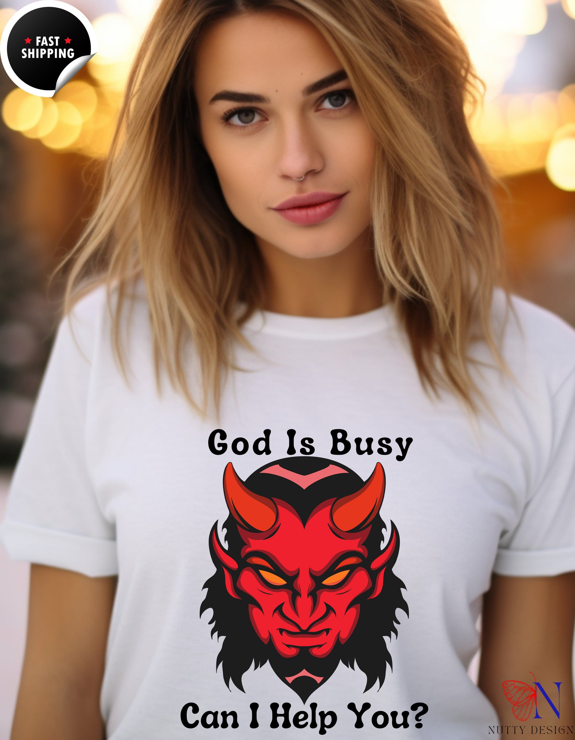 God Is Busy Dark , atheist religious T-Shirt Lifestyle Mockup | Nutty Designs