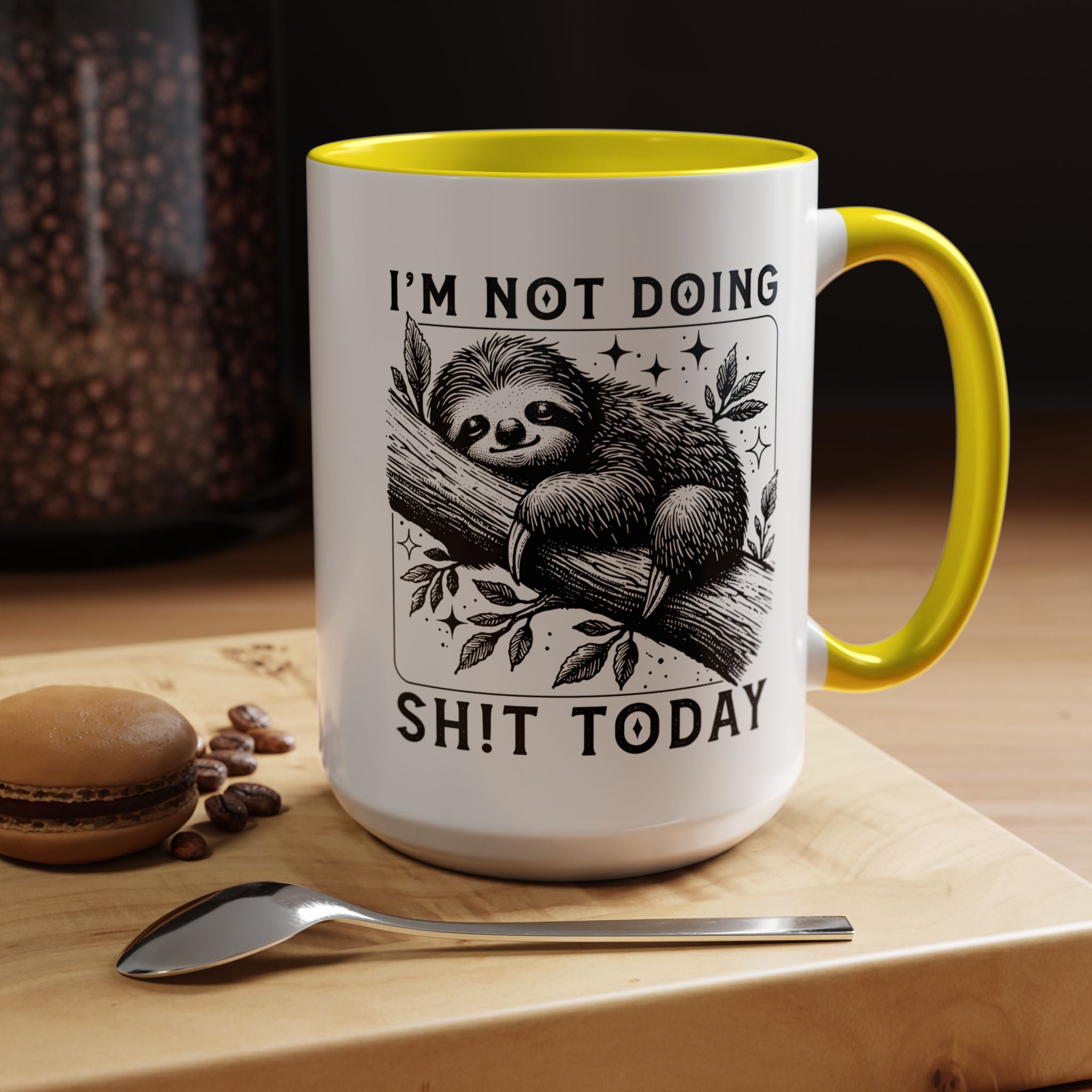 Funny Coffee Mug, Personalized Mug, Cute Sloth I am Not Doing Shit Today,  Accent Cup (11, 15oz), Gift Under 20, White Elephant