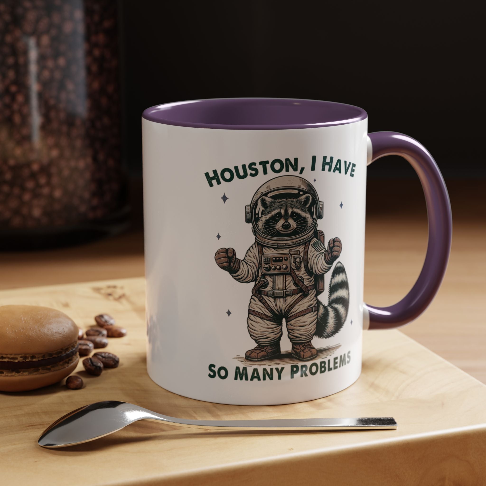 Funny Coffee Mug, Personalized Mug, Funny Racoon Houston I Have So Many Problems,  Accent Cup (11, 15oz), Gift Under 20, White Elephant gift