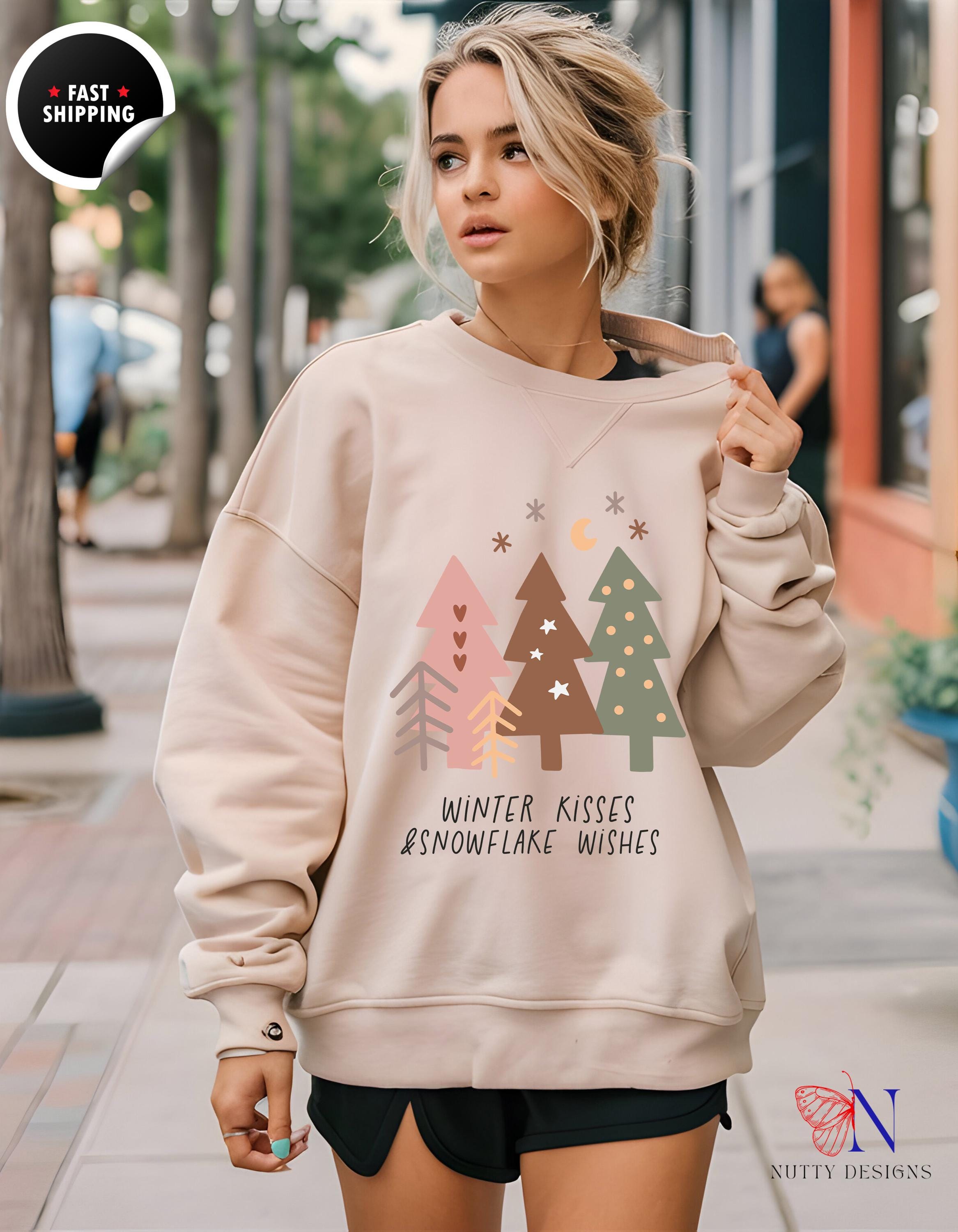 Boho Sweatshirt: Winter Kisses & Snowflake Wishes, Cozy Christmas Apparel, Holiday Gift for Her, Trendy Winterwear