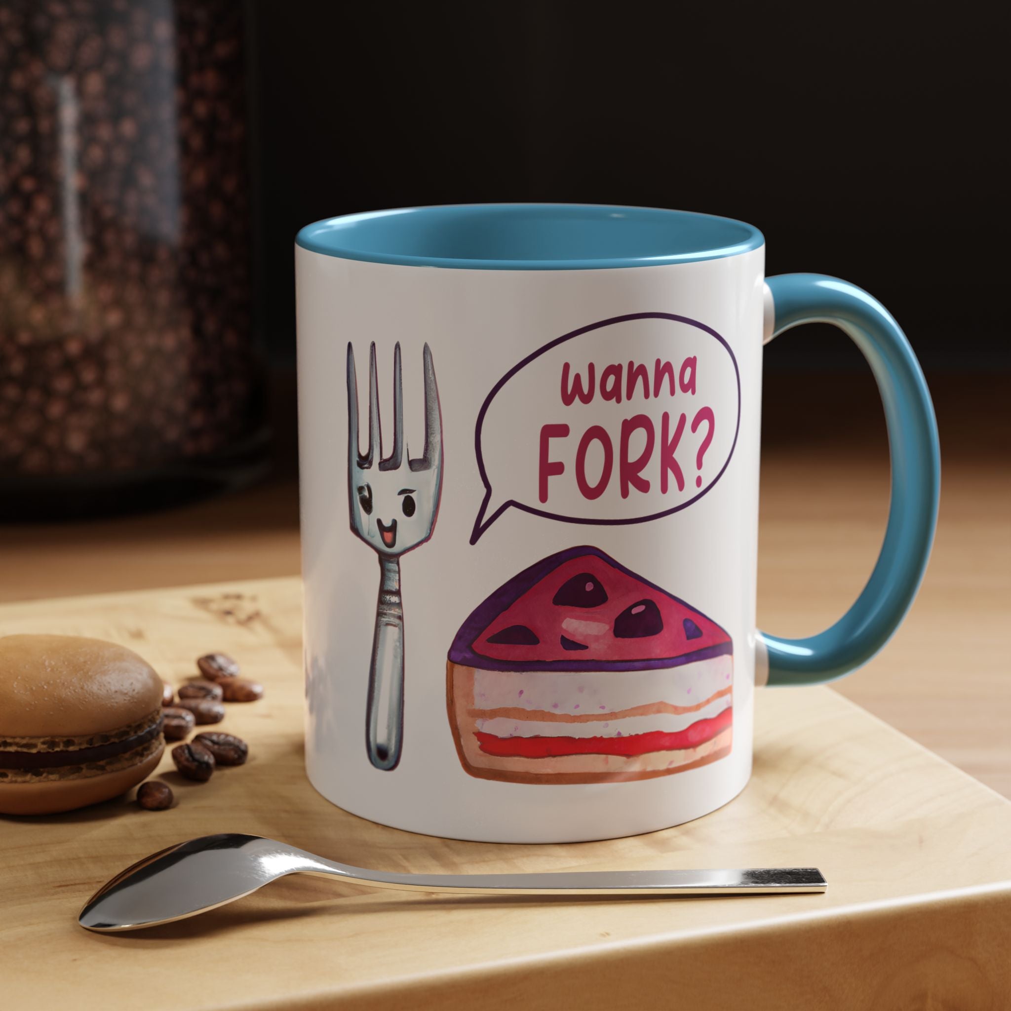 Wanna Fork? Cute Cake & Fork Illustration Mug Lifestyle Mockup | Nutty Designs