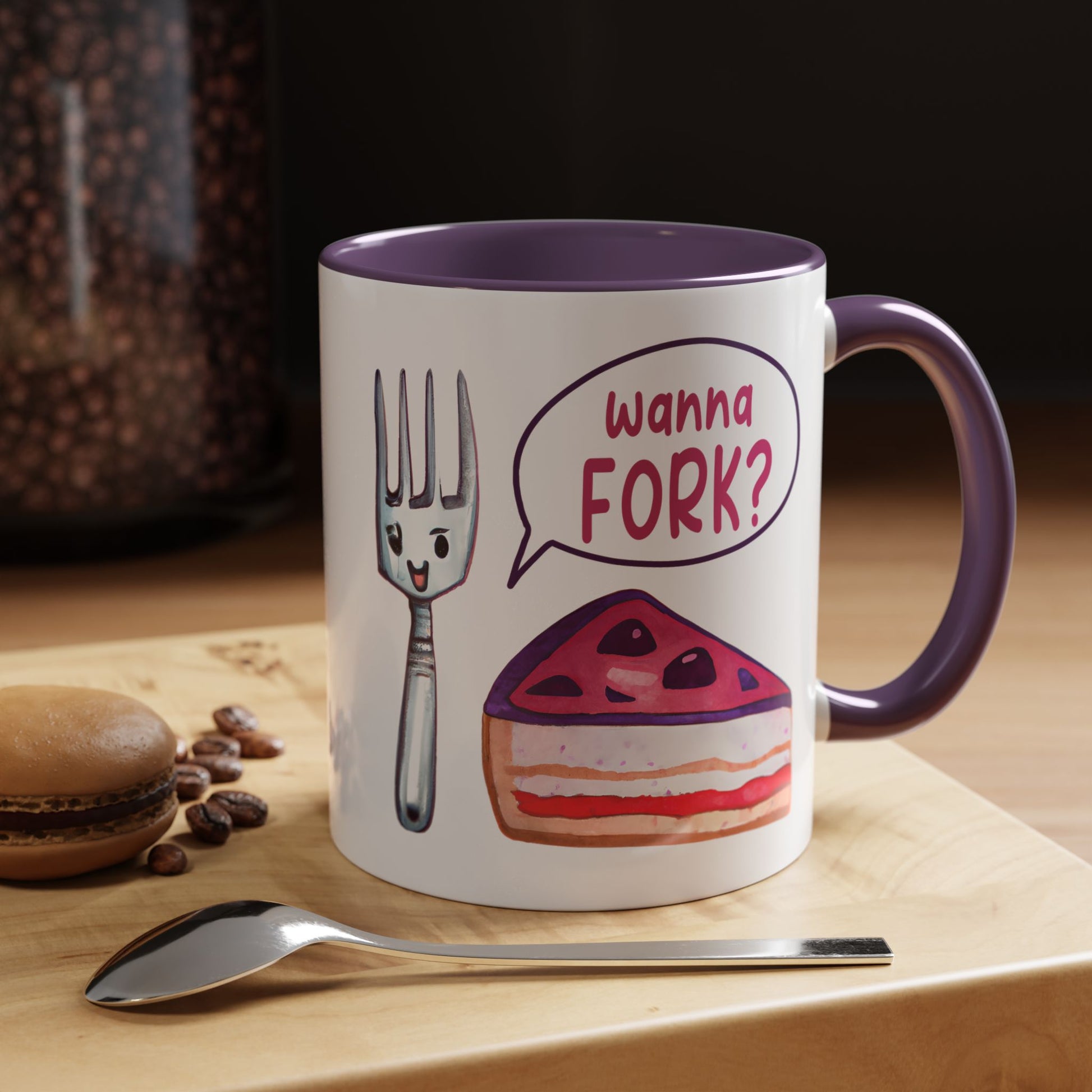 Wanna Fork? Cute Cake & Fork Illustration Mug Lifestyle Mockup | Nutty Designs
