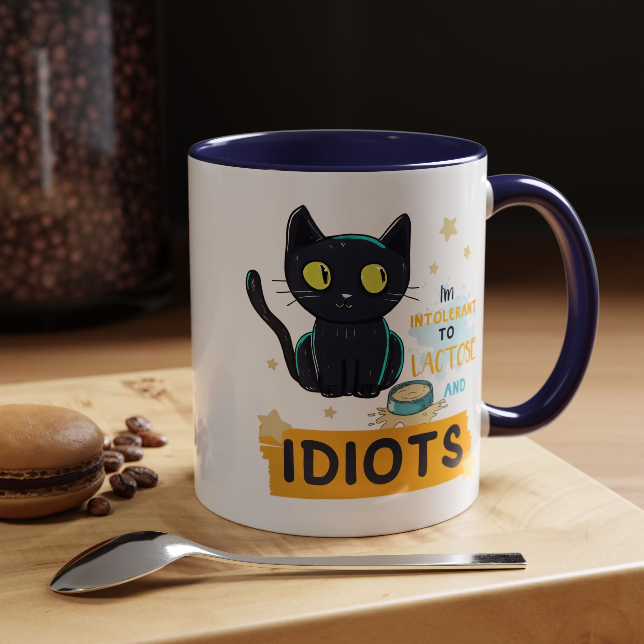 Funny Coffee Mug, Personalized Mug, Cute Cat Intolerant To Lactose and Idiots Accent Cup (11, 15oz), Gift Under 20, White Elephant gift
