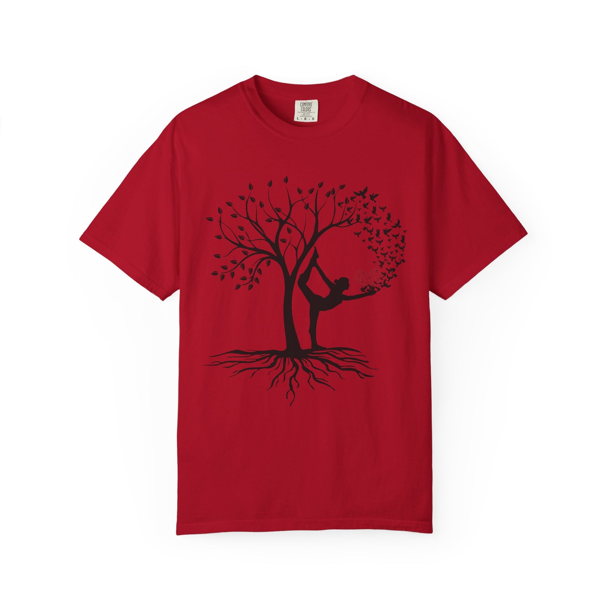 Red t-shirt with a tree and yoga pose design, yoga graphic tee, calming and motivational apparel
