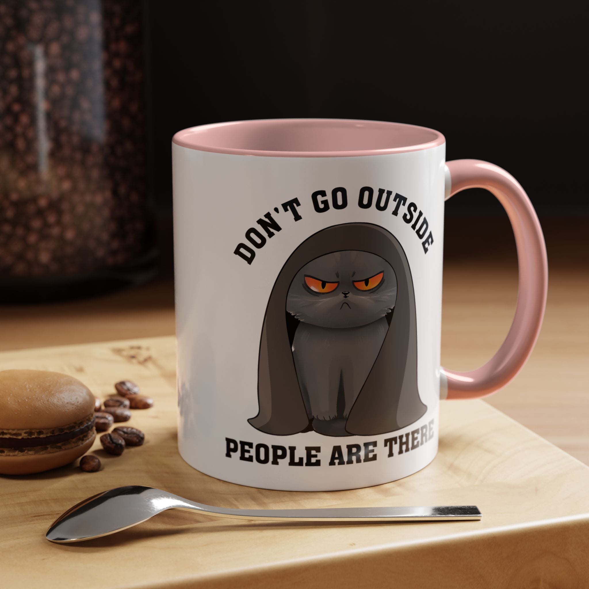 Funny Coffee Mug, Personalized Mug, Grumpy Cat Don't Go Outside People Are There Accent Cup (11, 15oz), Gift Under 20, White Elephant