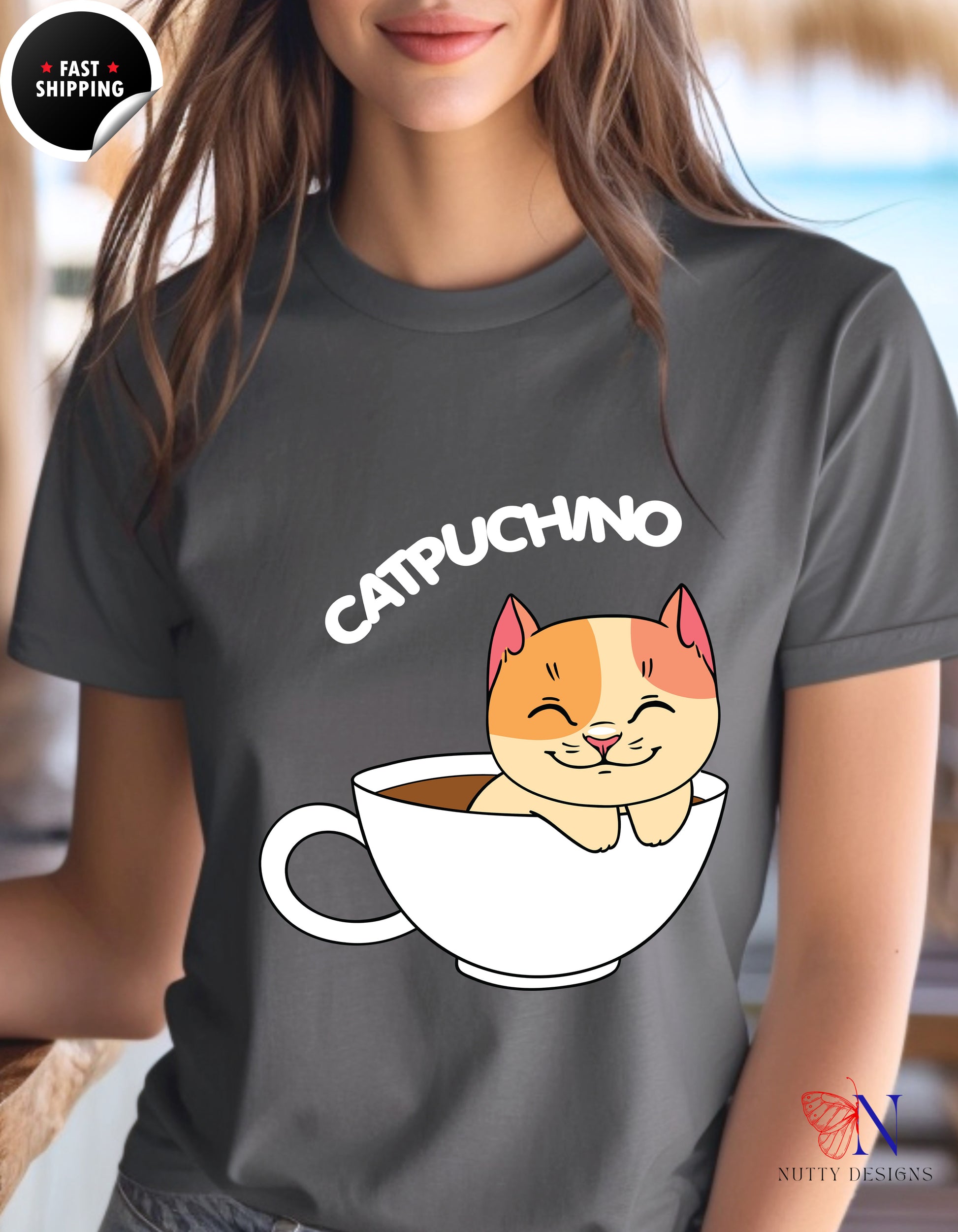 Cat Coffee Lover Shirt, Catpuchino T-Shirt Lifestyle Mockup | Nutty Designs