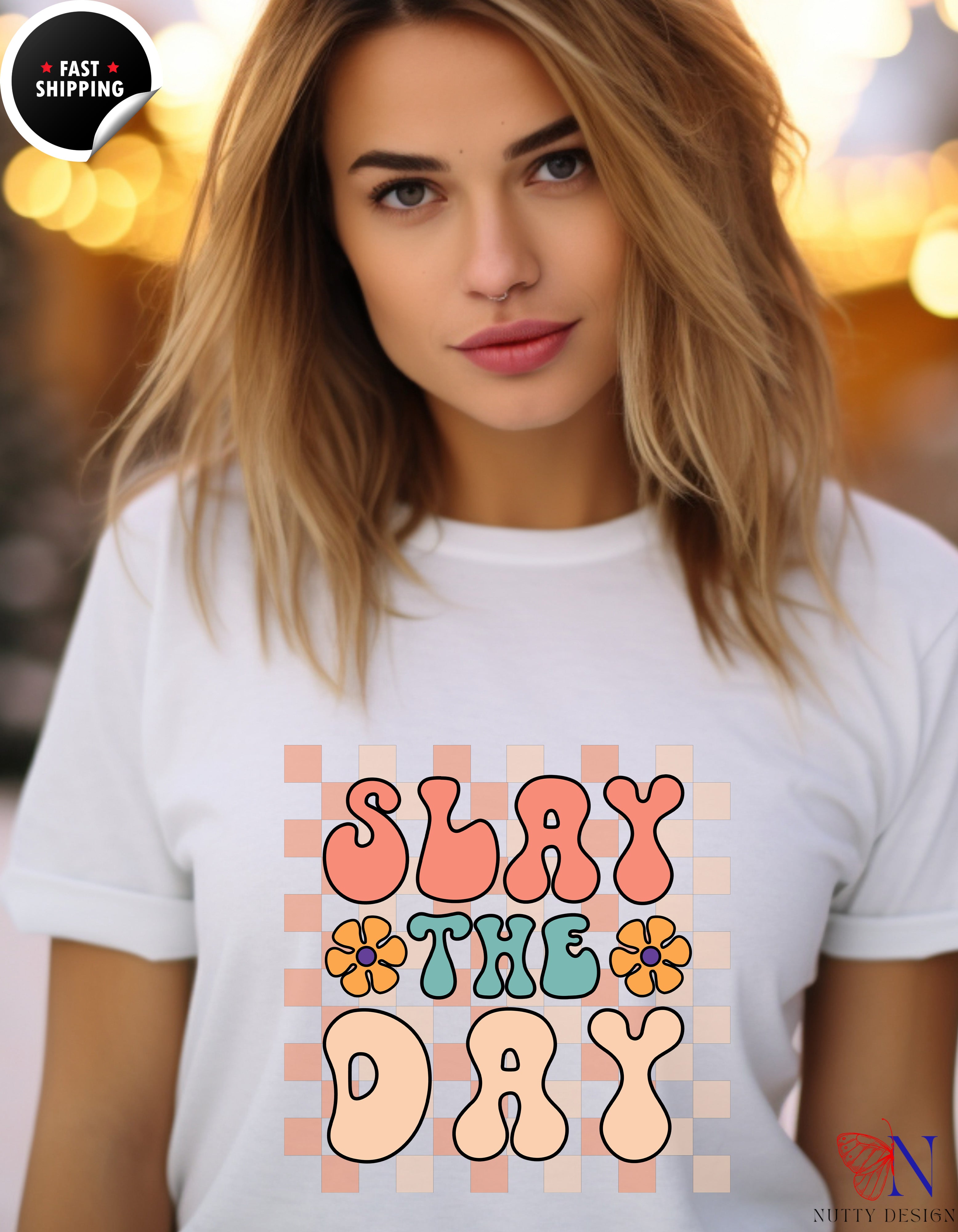 Slay The Day retro style , Inspirational Quotes, Positive T-Shirt Lifestyle Mockup | Nutty Designs