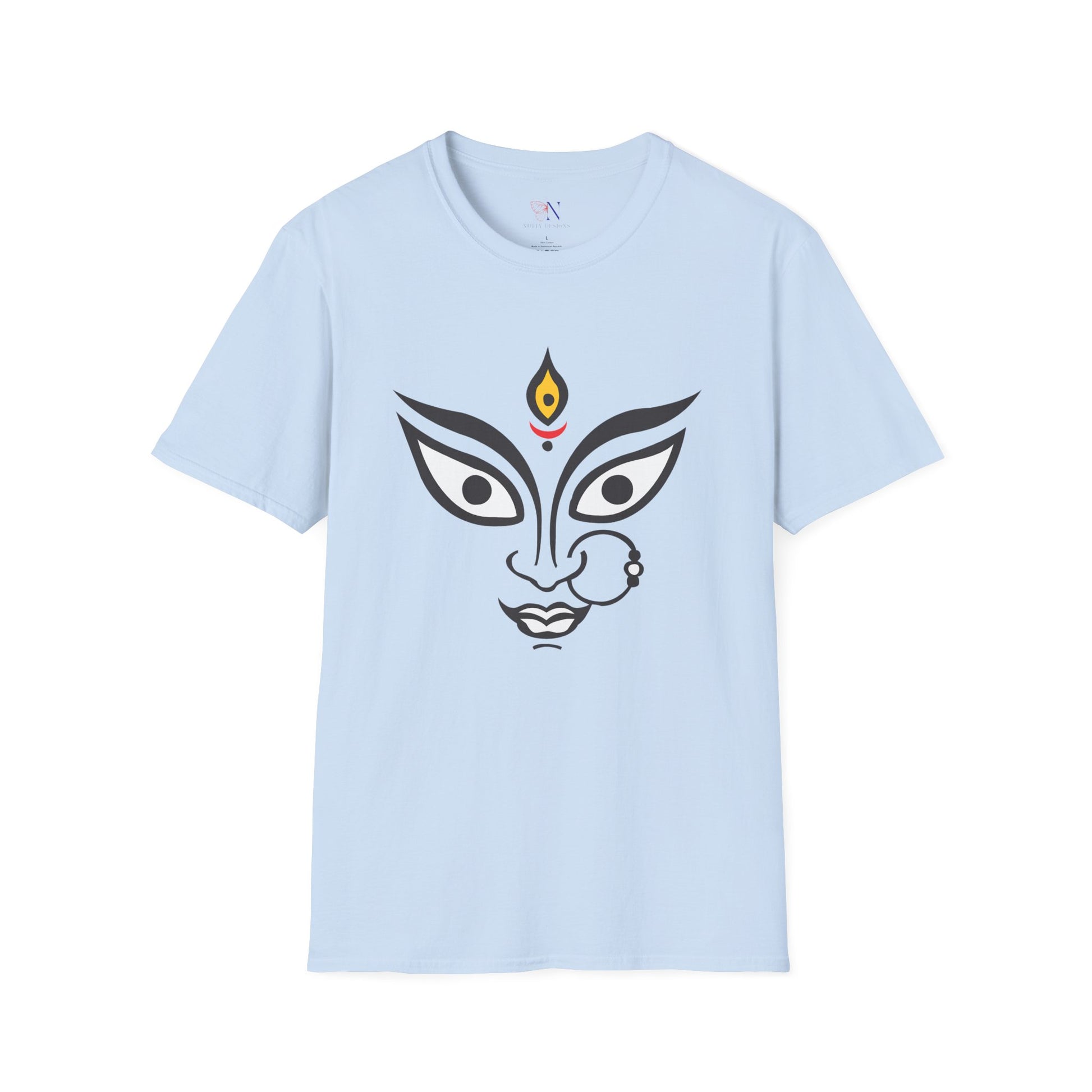 Light blue t-shirt featuring a Durga Maa graphic, perfect gift for Diwali, Navratri, and Durga Pooja celebrations for Hindu religion followers.