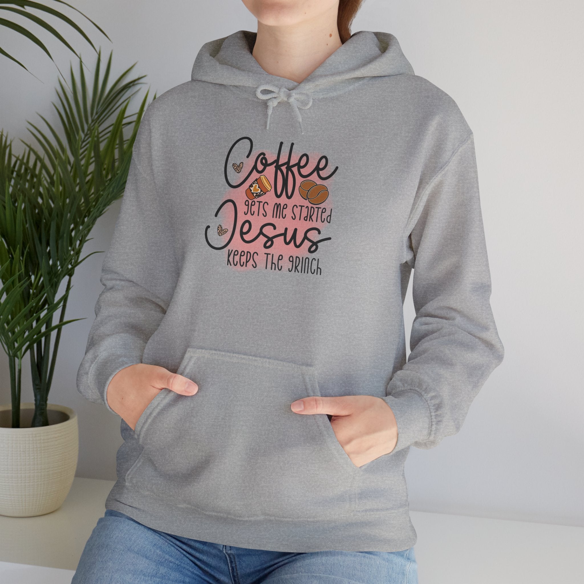 Coffee Jesus Hoodie — "Coffee Gets Me Started, Jesus Keeps The Switch" Christian Graphic Sweatshirt