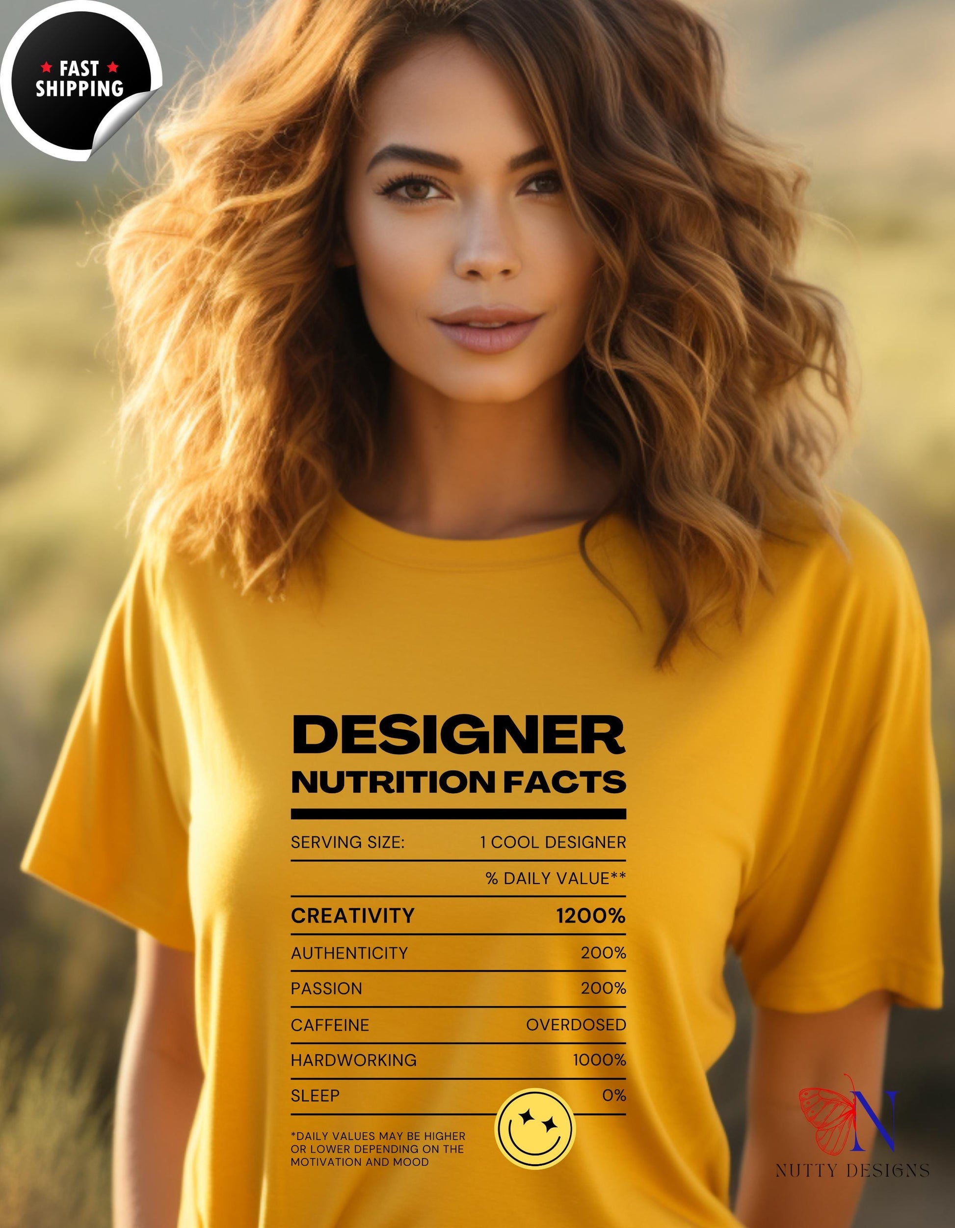 a woman wearing a yellow t - shirt that says designer nutrition fact