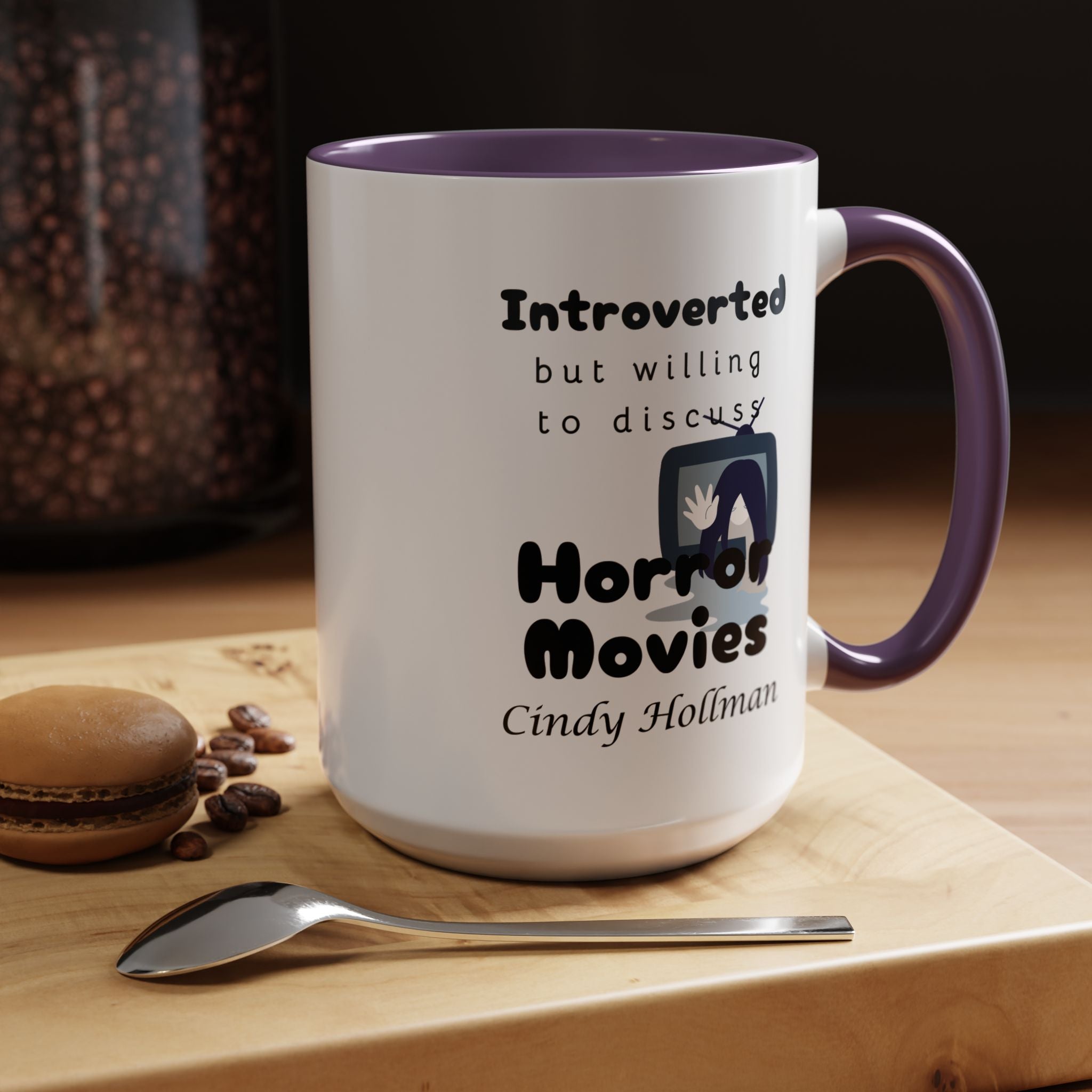 Introverted But Willing To Discuss Horror Movies Personalized Accent Coffee Mug (11 and 15oz)
