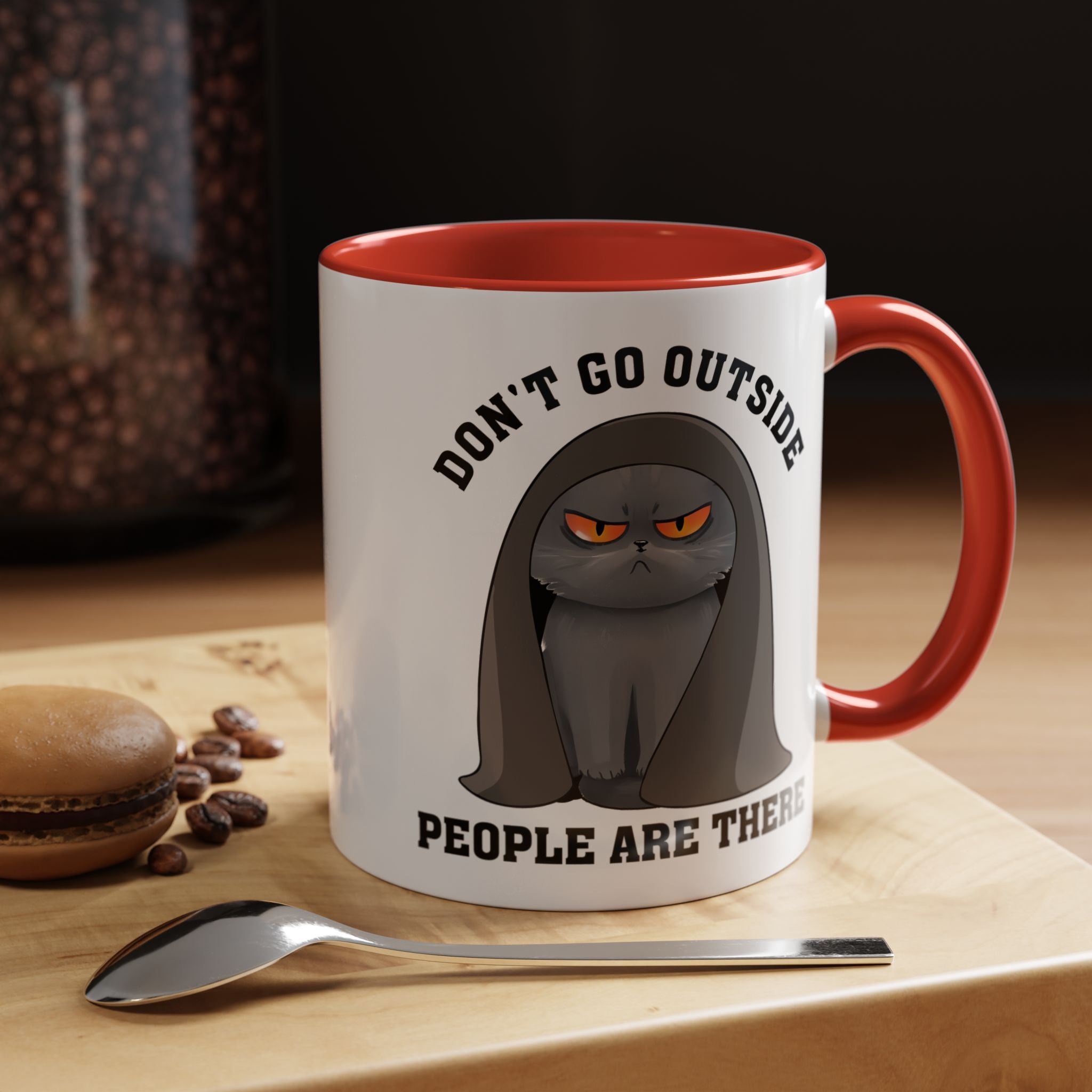 Funny Coffee Mug, Personalized Mug, Grumpy Cat Don't Go Outside People Are There Accent Cup (11, 15oz), Gift Under 20, White Elephant