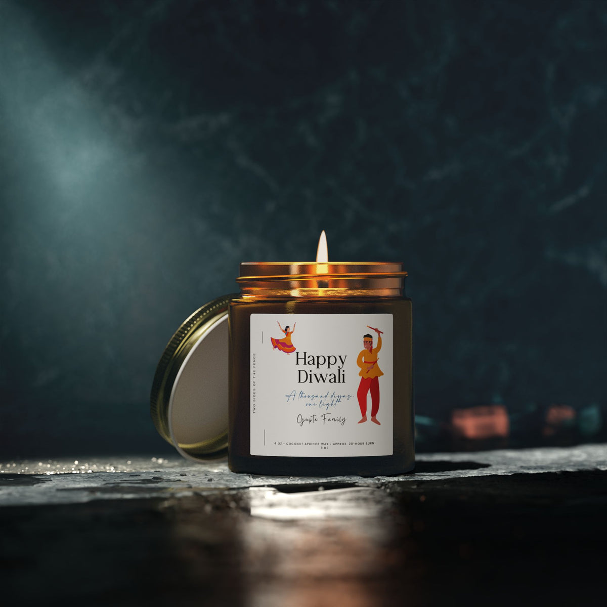 Personalized Diwali Candle — Dancing Couple I, 4 oz or 9 oz