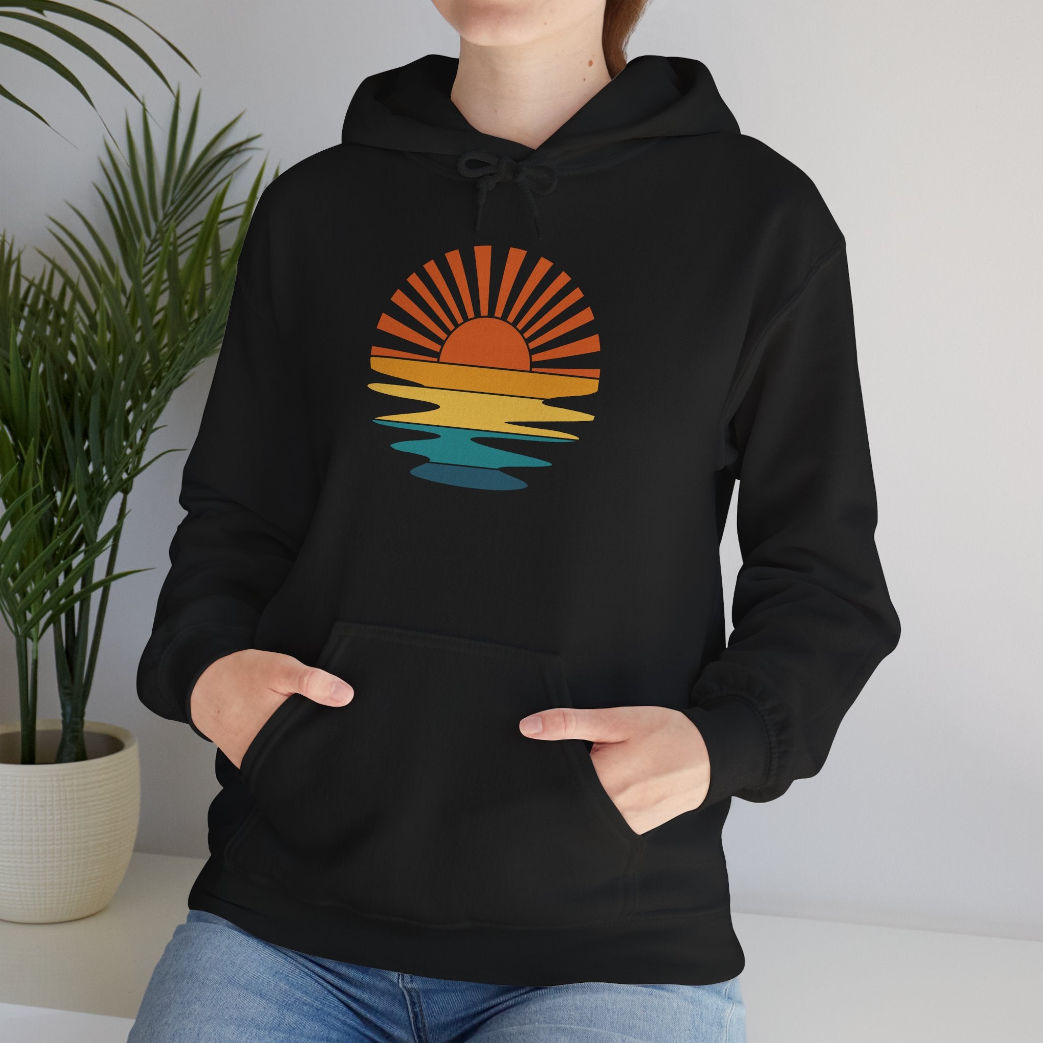 Sunset Minimalist Hoodie — Retro Sunrise Graphic Hooded Sweatshirt