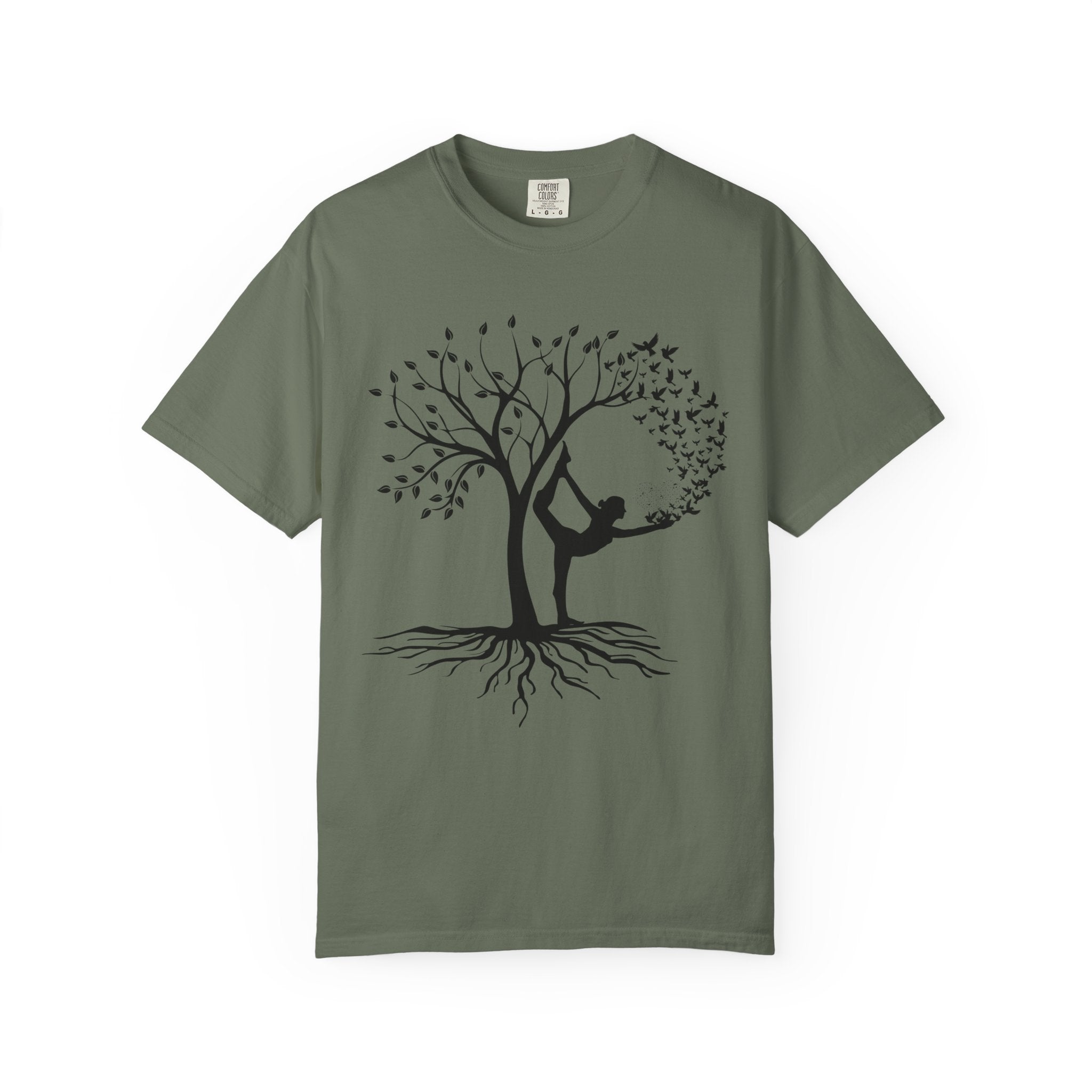Woman Yoga Tree & Bird Meditation T-Shirt — Calming, Positive Motivational Tee