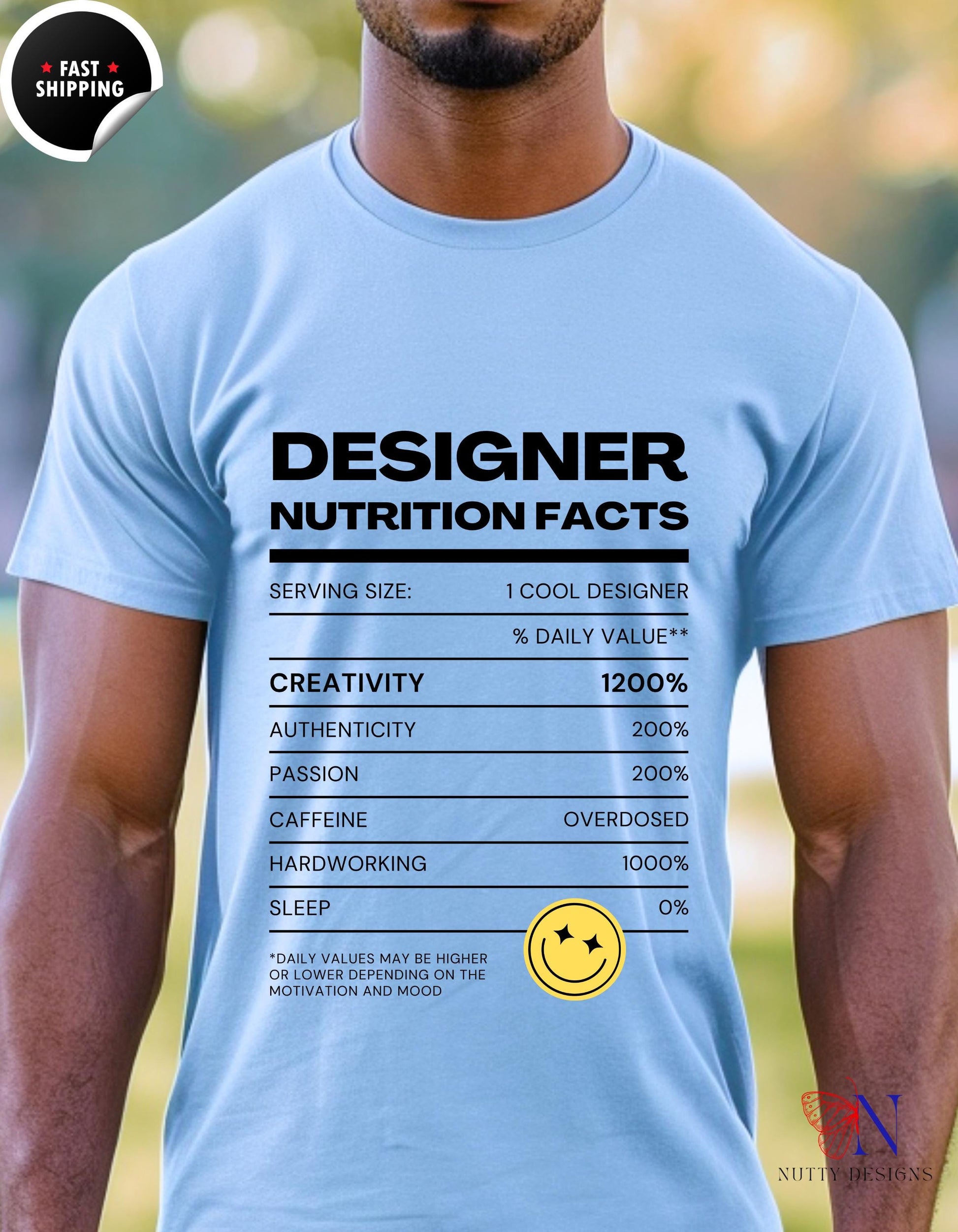 a man wearing a t - shirt that says designer nutrition fact