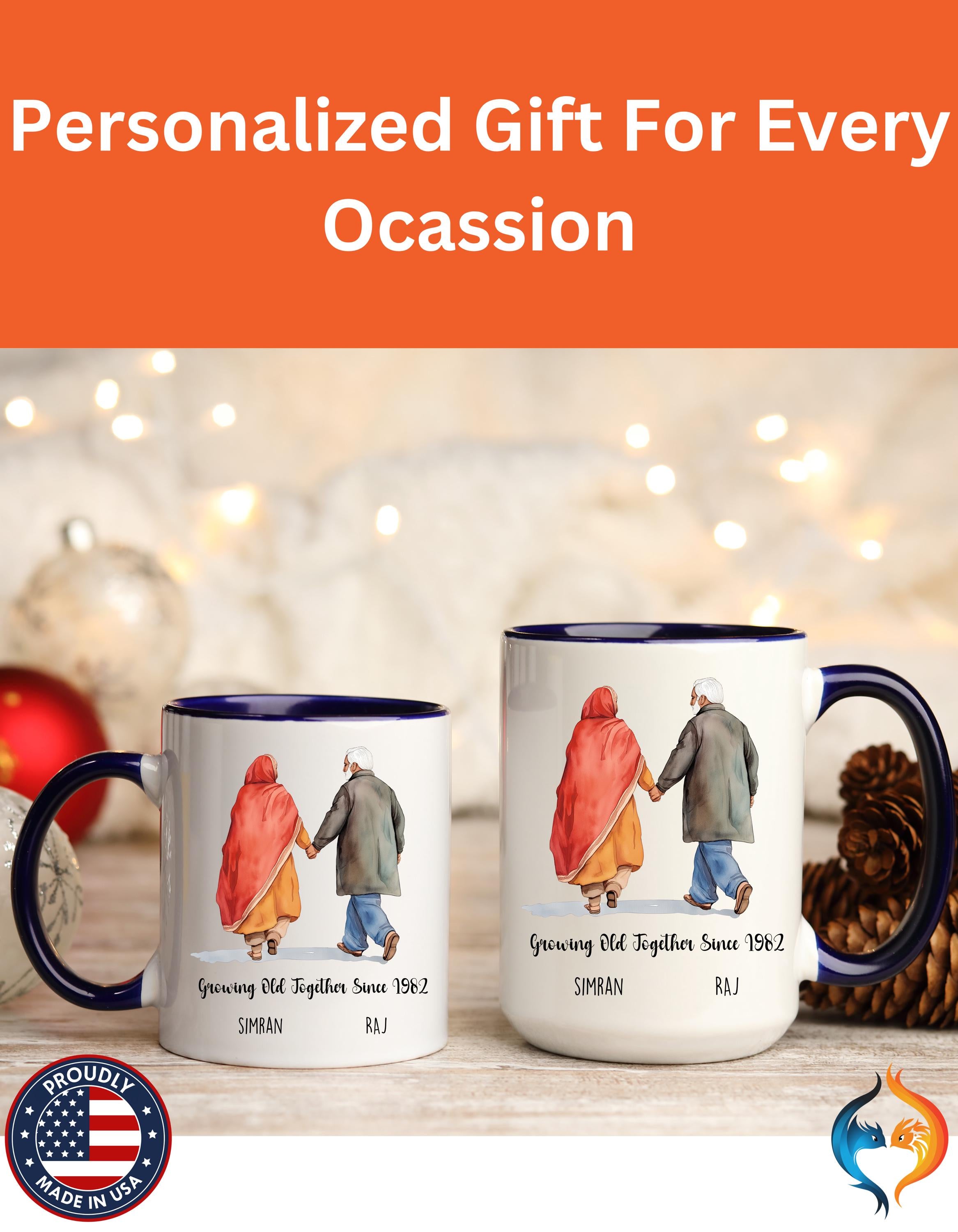 Funny Coffee Mug, Personalized Mug, Growing Old Together Since Indian Couple Accent Cup 11/15oz, Anniversary, Wedding, Romantic For Him her