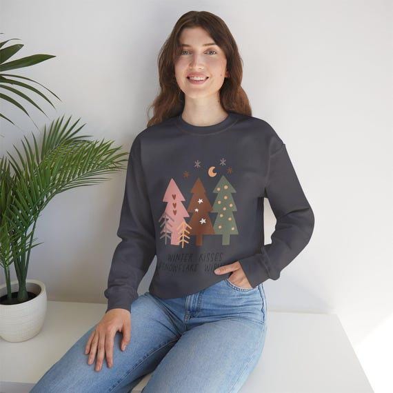 Boho Sweatshirt: Winter Kisses & Snowflake Wishes, Cozy Christmas Apparel, Holiday Gift for Her, Trendy Winterwear