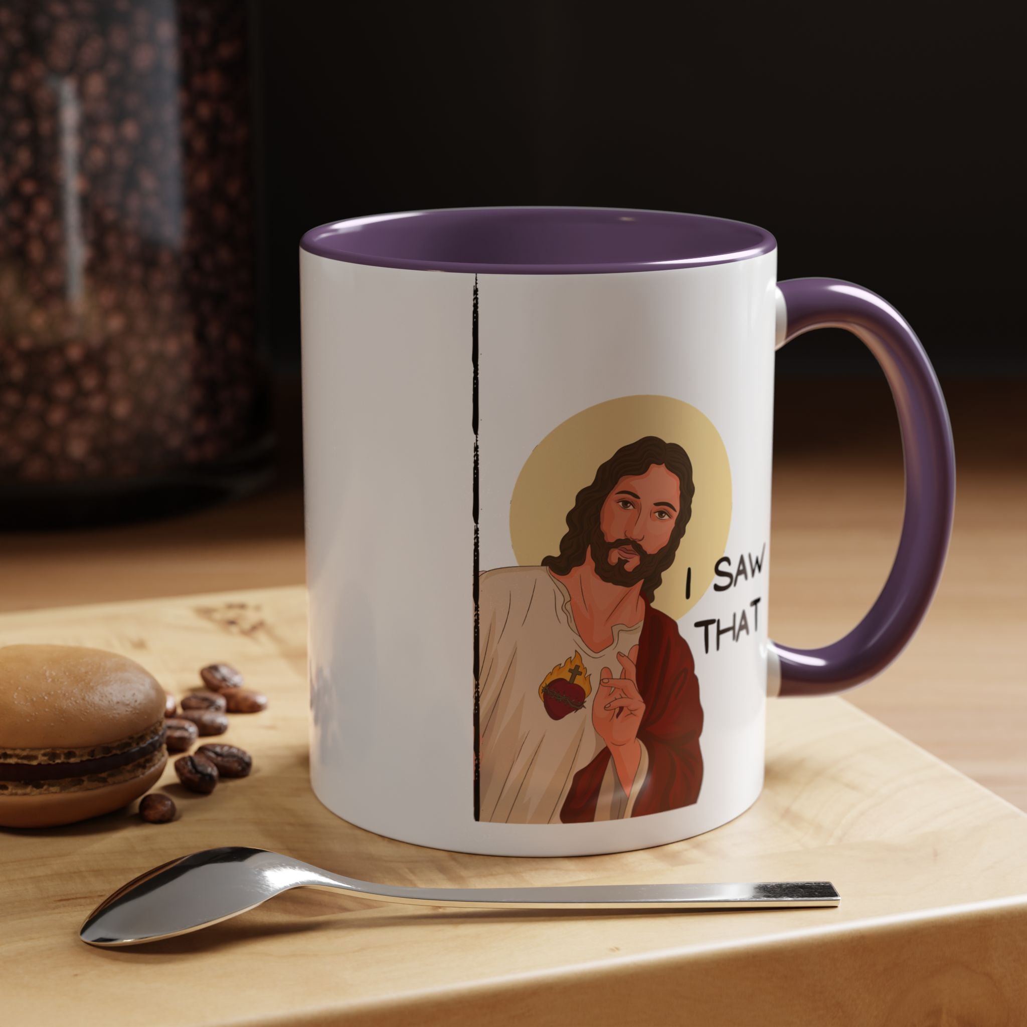 Peeking Jesus, I saw That Funny Coffee Mug, Personalized Mug, Accent Cup (11, 15oz), Gift Under 20, Gift for Atheist, faith based cup