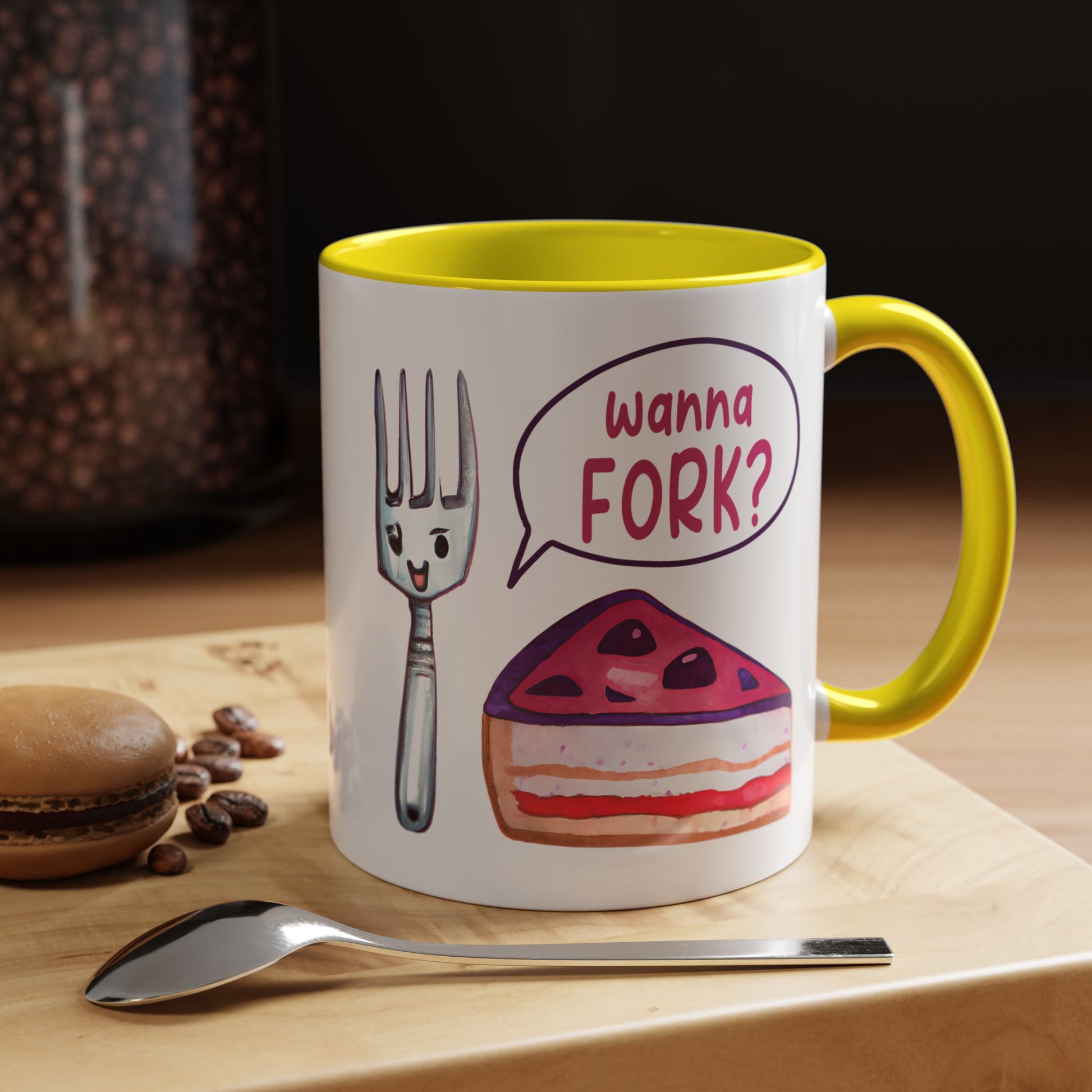 Wanna Fork? Cute Cake & Fork Illustration Mug Lifestyle Mockup | Nutty Designs