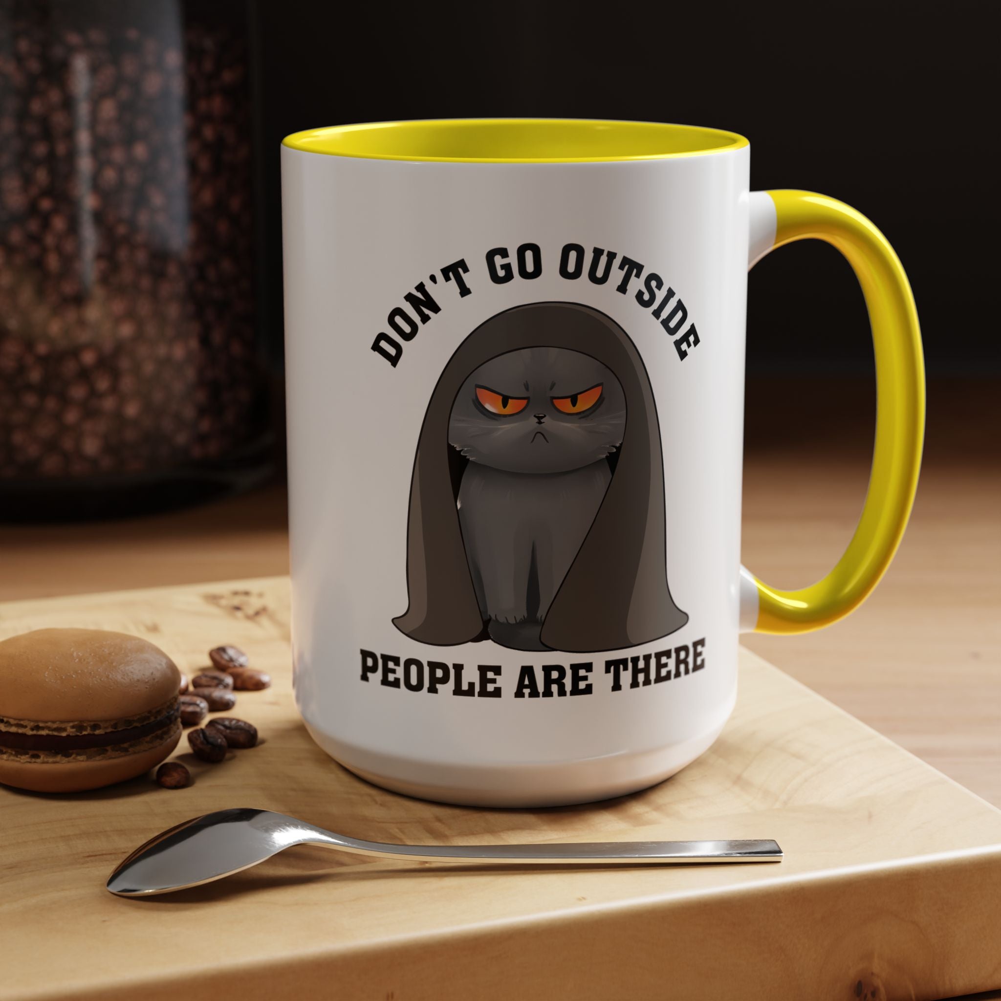 Funny Coffee Mug, Personalized Mug, Grumpy Cat Don't Go Outside People Are There Accent Cup (11, 15oz), Gift Under 20, White Elephant
