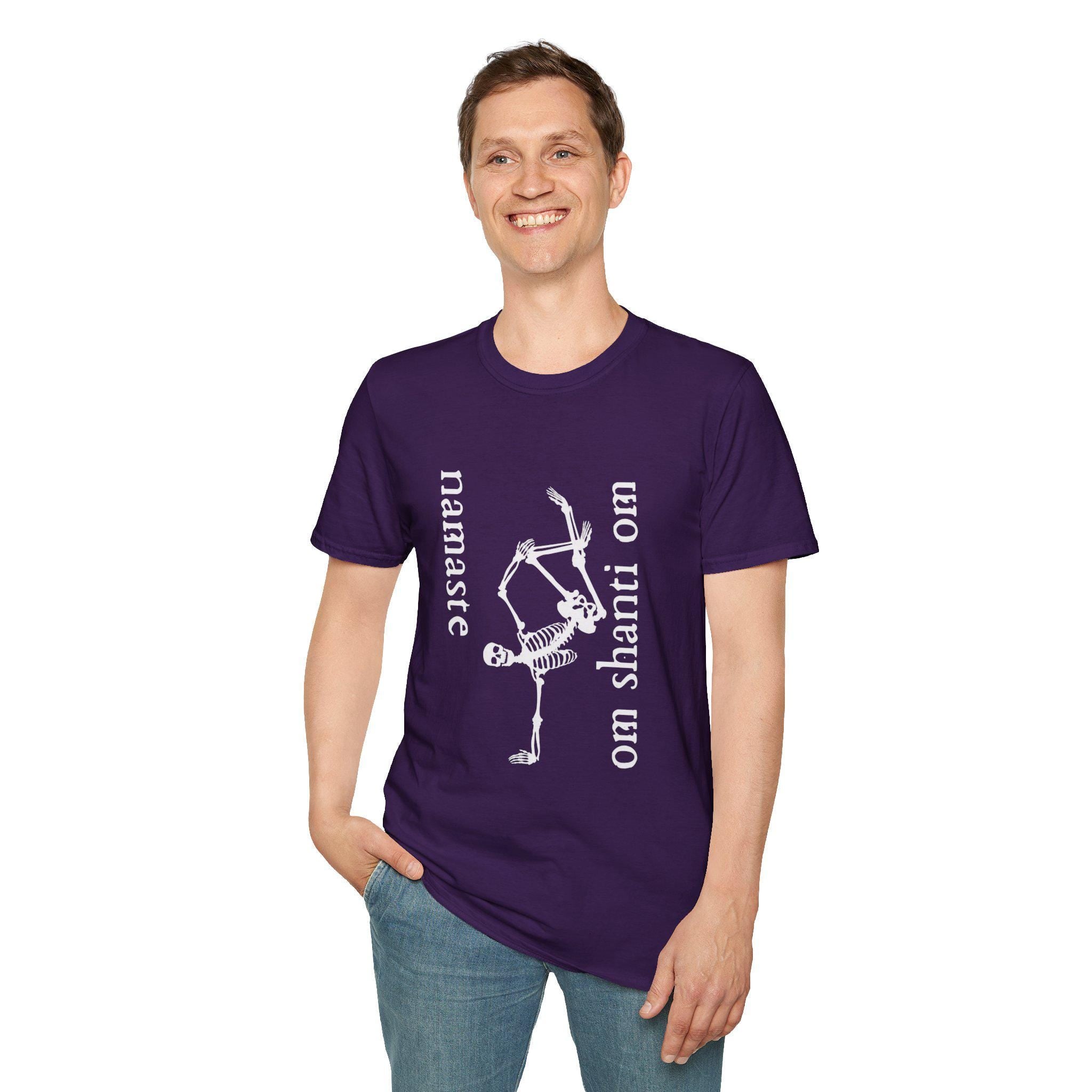 Namaste Om Shanti Om Skeleton T-Shirt | Funny Yoga Tee for Men and Women | Gift for Meditation Lovers & Skeleton Fans