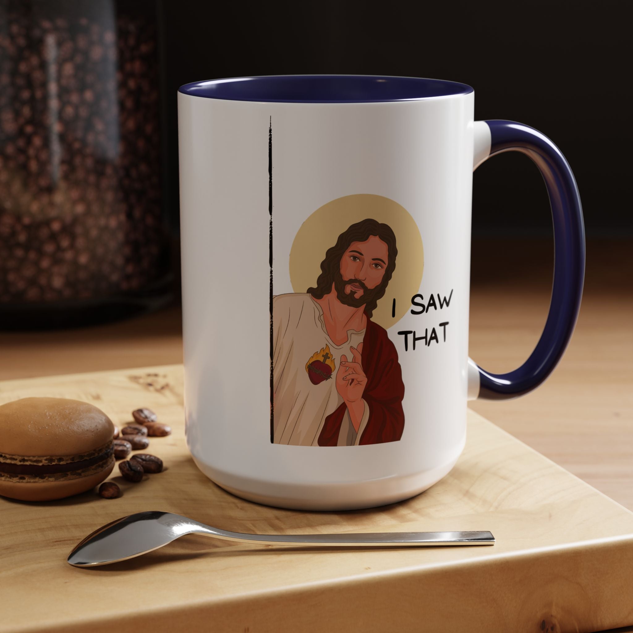 Peeking Jesus, I saw That Funny Coffee Mug, Personalized Mug, Accent Cup (11, 15oz), Gift Under 20, Gift for Atheist, faith based cup