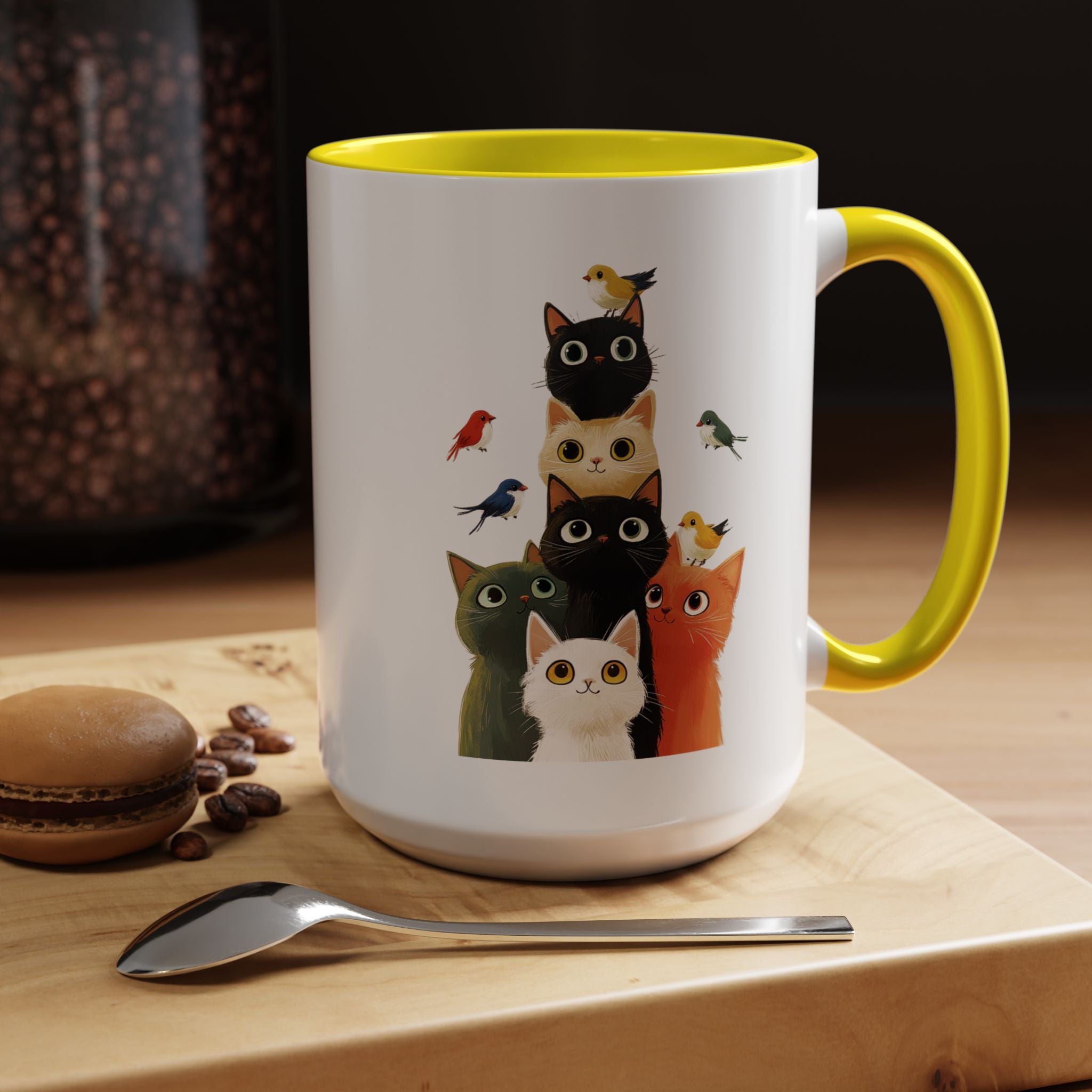 Funny Coffee Mug, Personalized Mug, Cats and Birds Accent Coffee Cup (11, 15oz), Gift Under 20, White Elephant gift, for animal & pet lovers