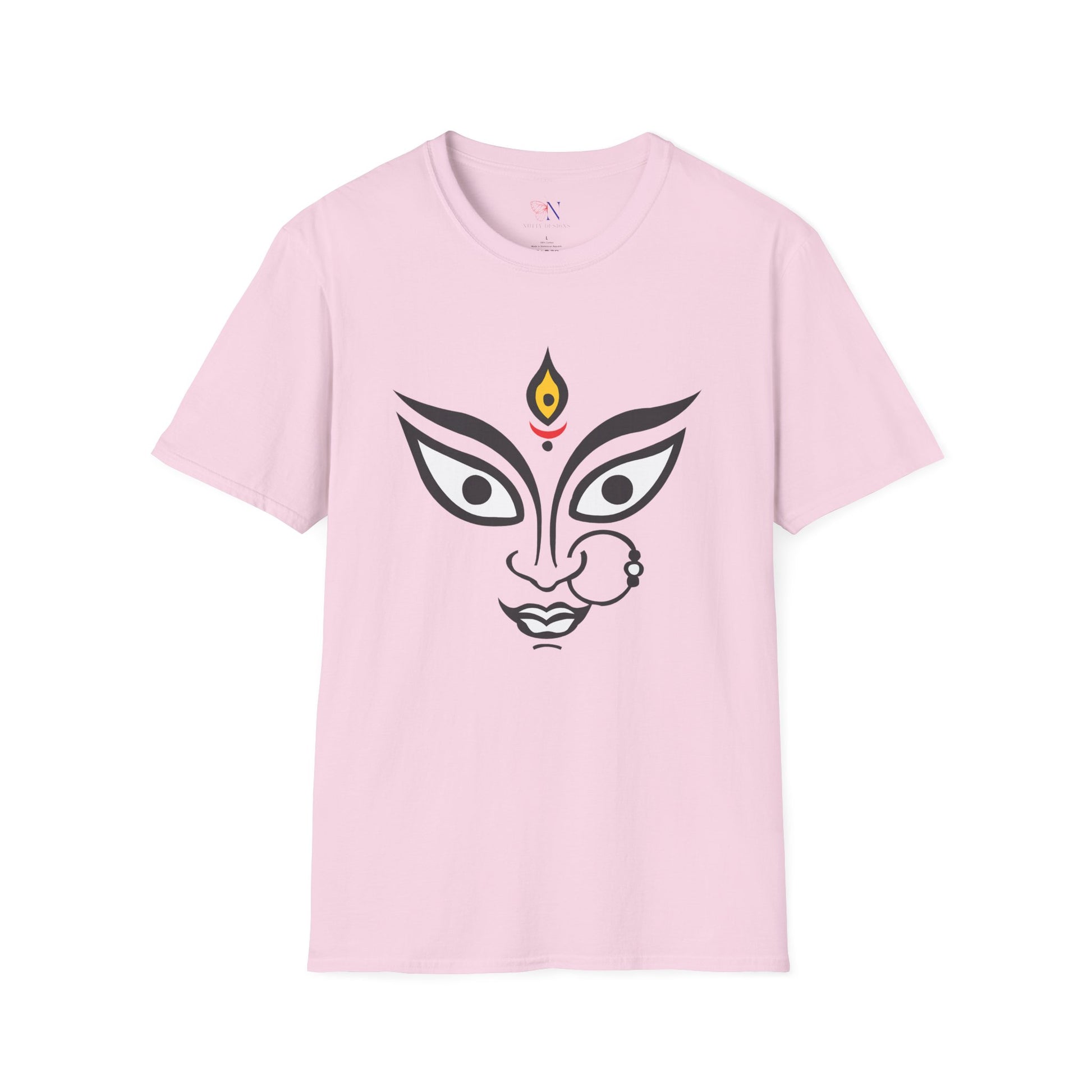 Light pink t-shirt featuring a Durga Maa graphic, perfect gift for Diwali, Navratri, and Durga Pooja celebrations for Hindu religion followers.