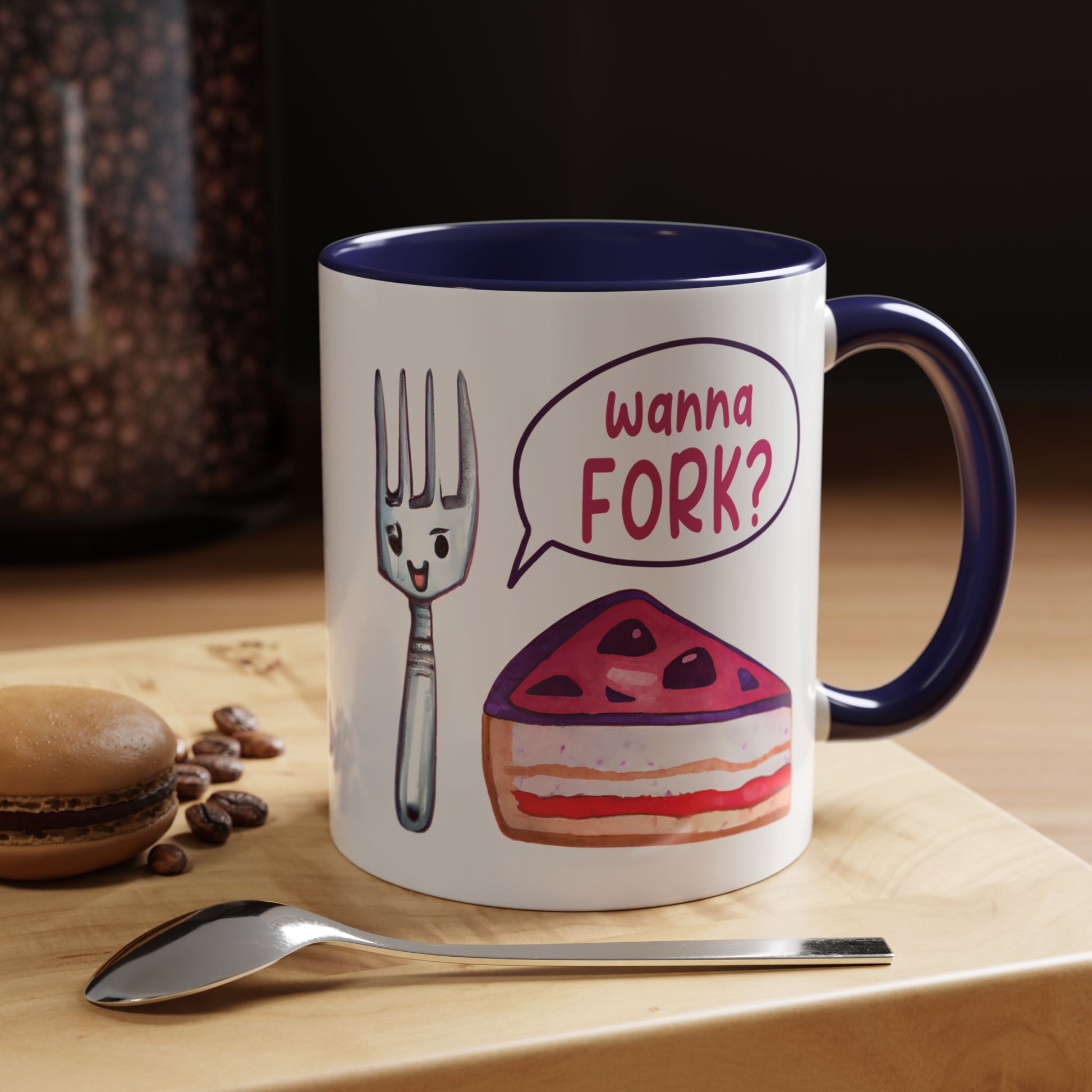 Wanna Fork? Cute Cake & Fork Illustration Mug Lifestyle Mockup | Nutty Designs