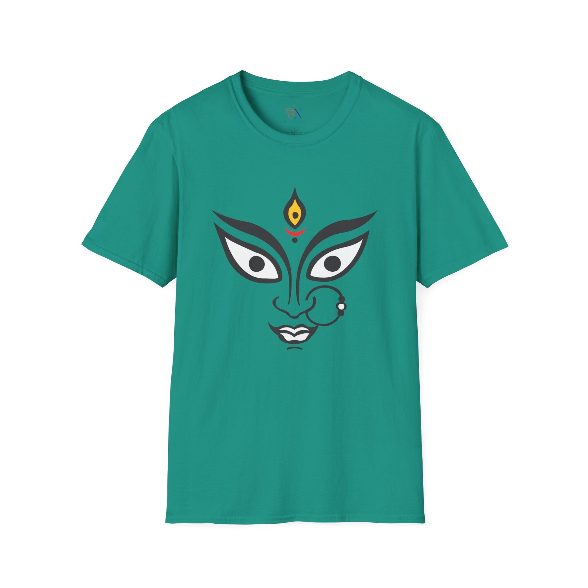 Green t-shirt with Durga Maa graphic design, perfect gift for Diwali, Navratri, Durga Pooja; ideal for Hindu religion followers.